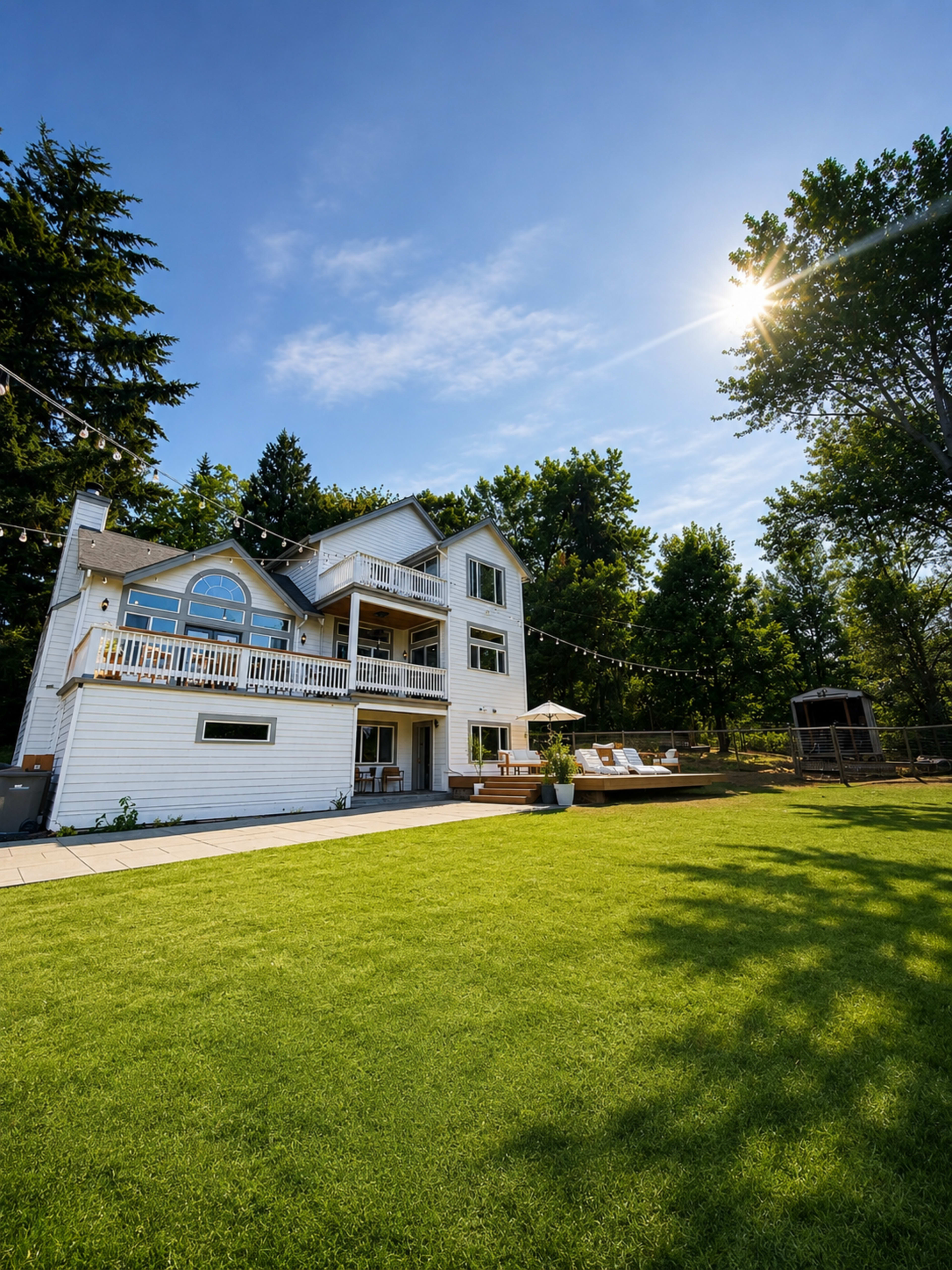 A large, white multi-story house is surrounded by green grass and trees, with a patio and lounge chairs visible on the deck.