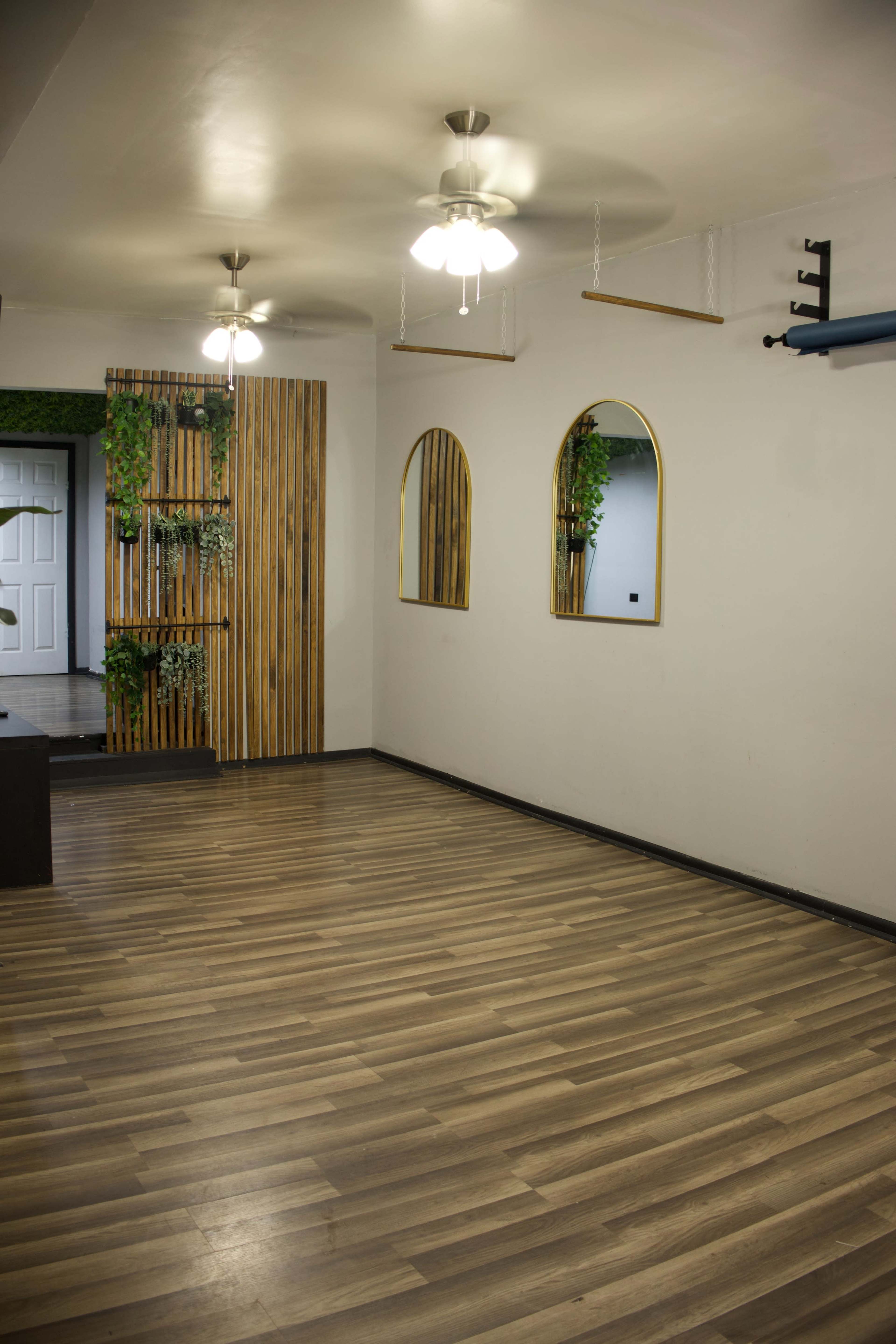 The image shows a spacious room with wooden flooring, two circular mirrors on the wall, and a decorative wooden panel featuring greenery.