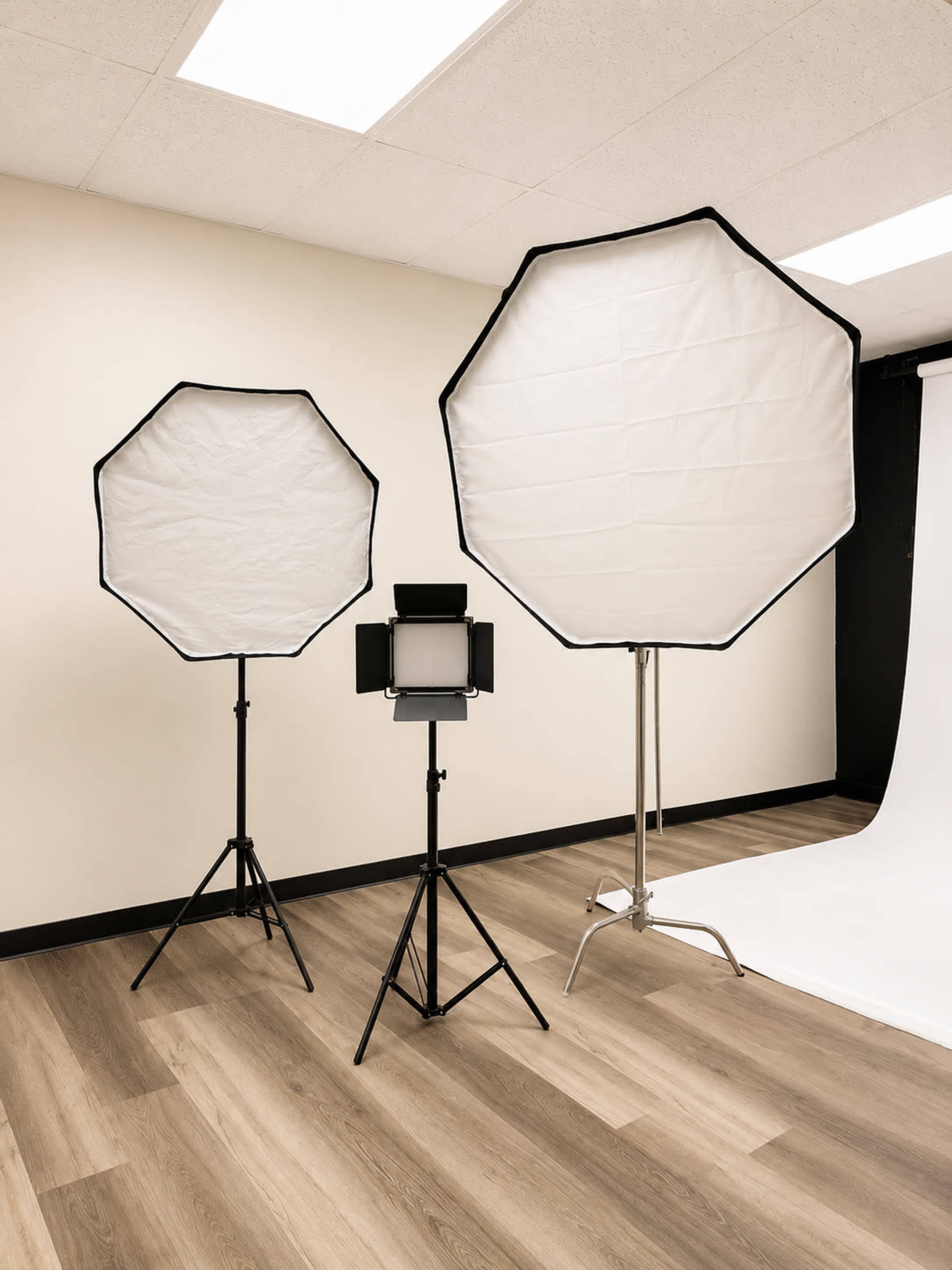 The image shows a photography studio with two octagonal softbox lights and a rectangular LED panel on stands, set against a plain wall and floor.