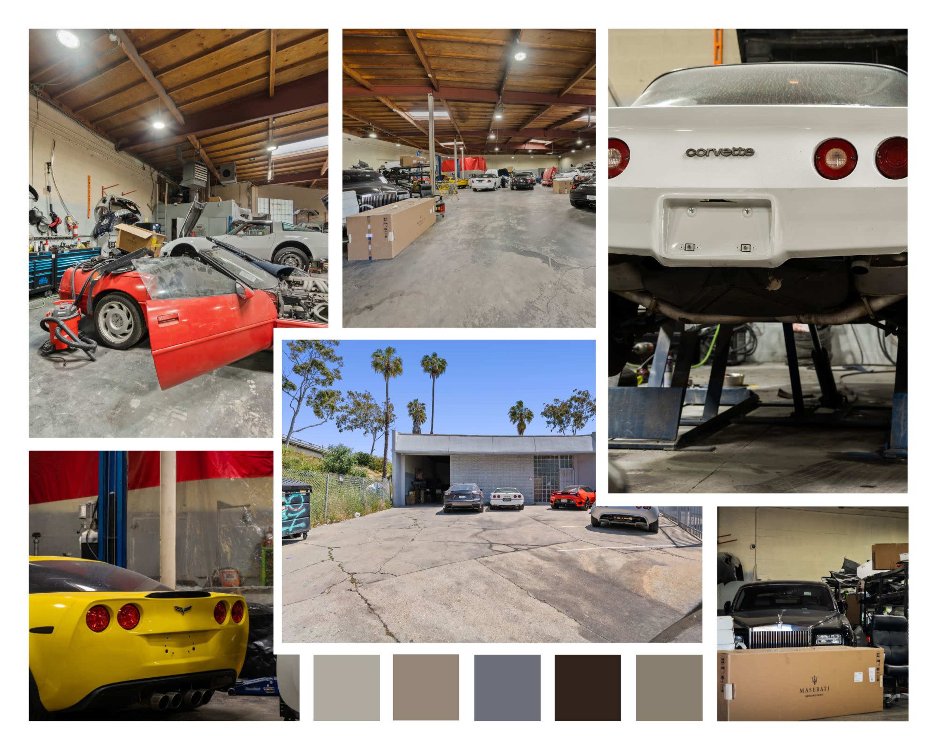 A collage of various angles and views inside an automotive workshop, featuring different models of cars, tools, and the workshop environment.