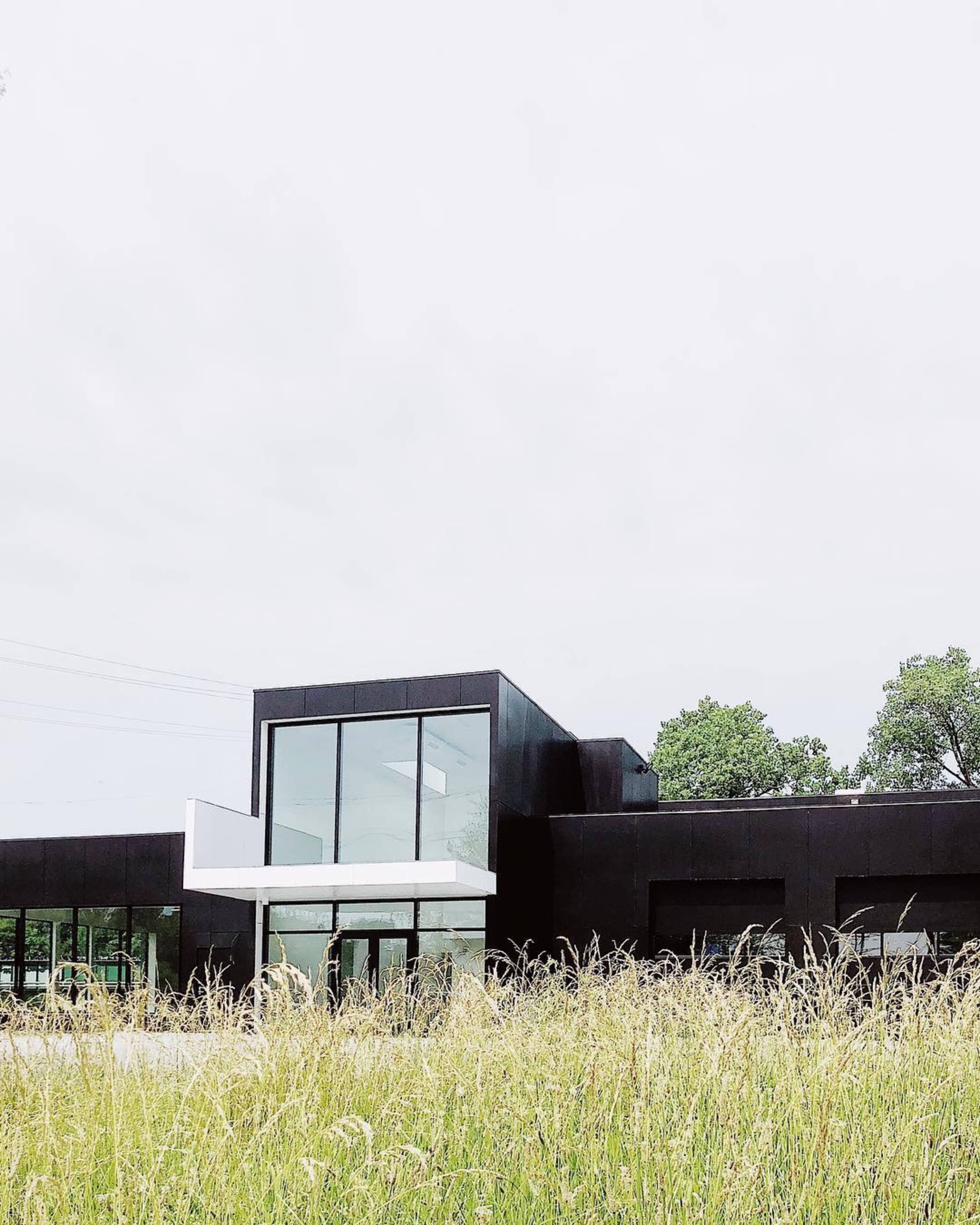 A modern black building with large glass windows is set against a backdrop of tall grass and trees under a cloudy sky.