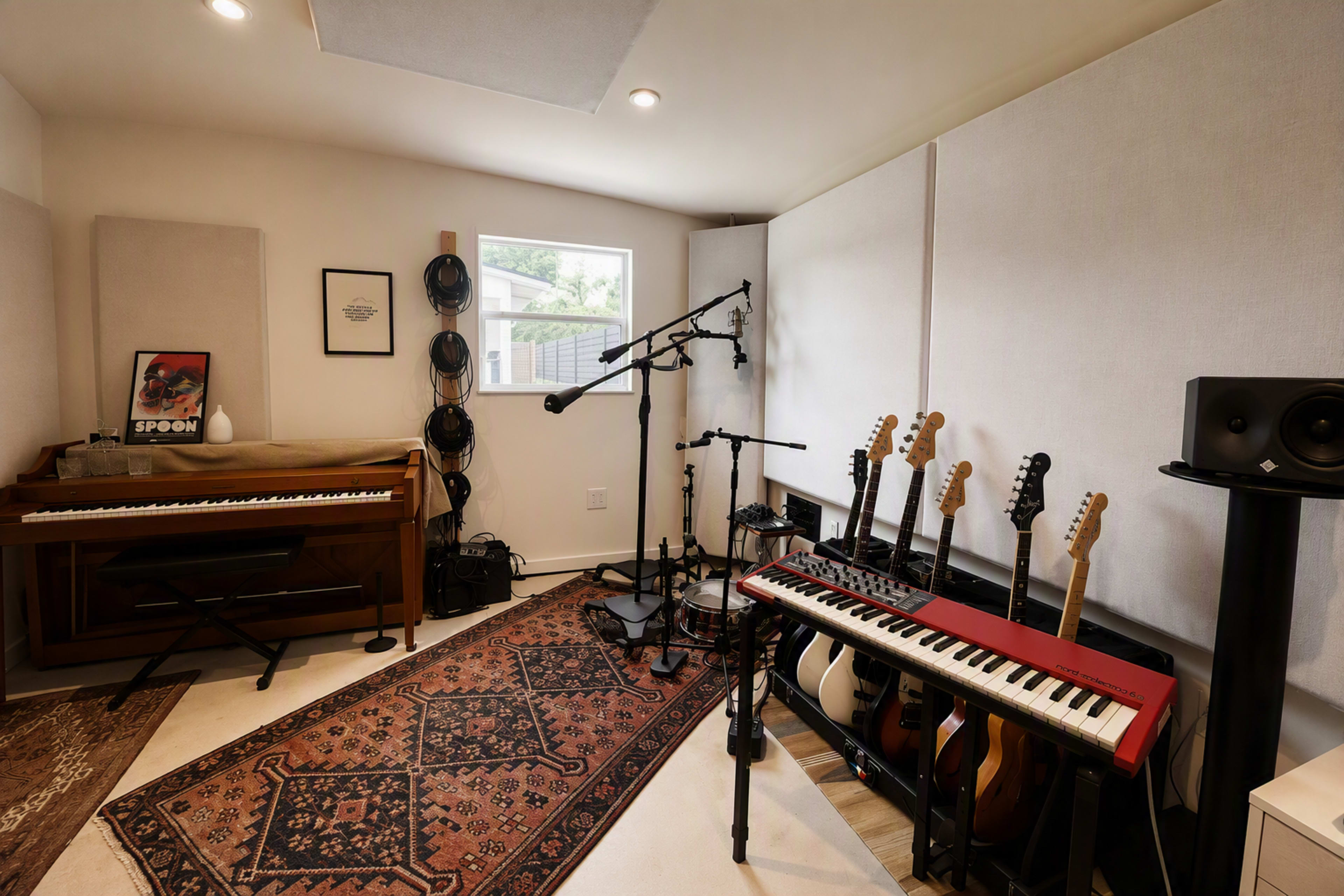 The image shows a music recording studio featuring a piano, guitars, and microphones arranged around a rug in a well-lit room.