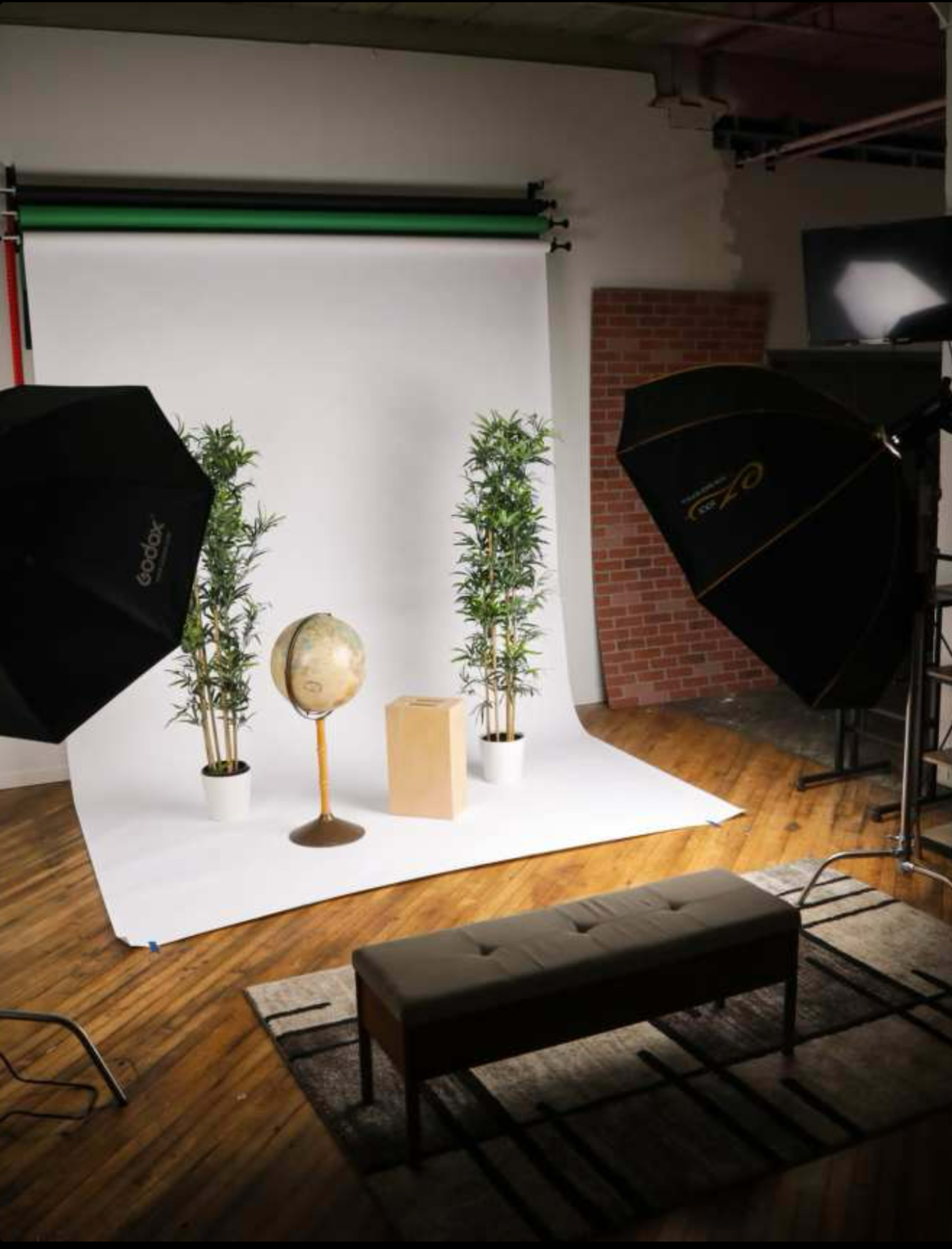 The image shows a photography studio setup with two softbox lights, a globe on a stand, a wooden box, and two potted plants against a white backdrop.