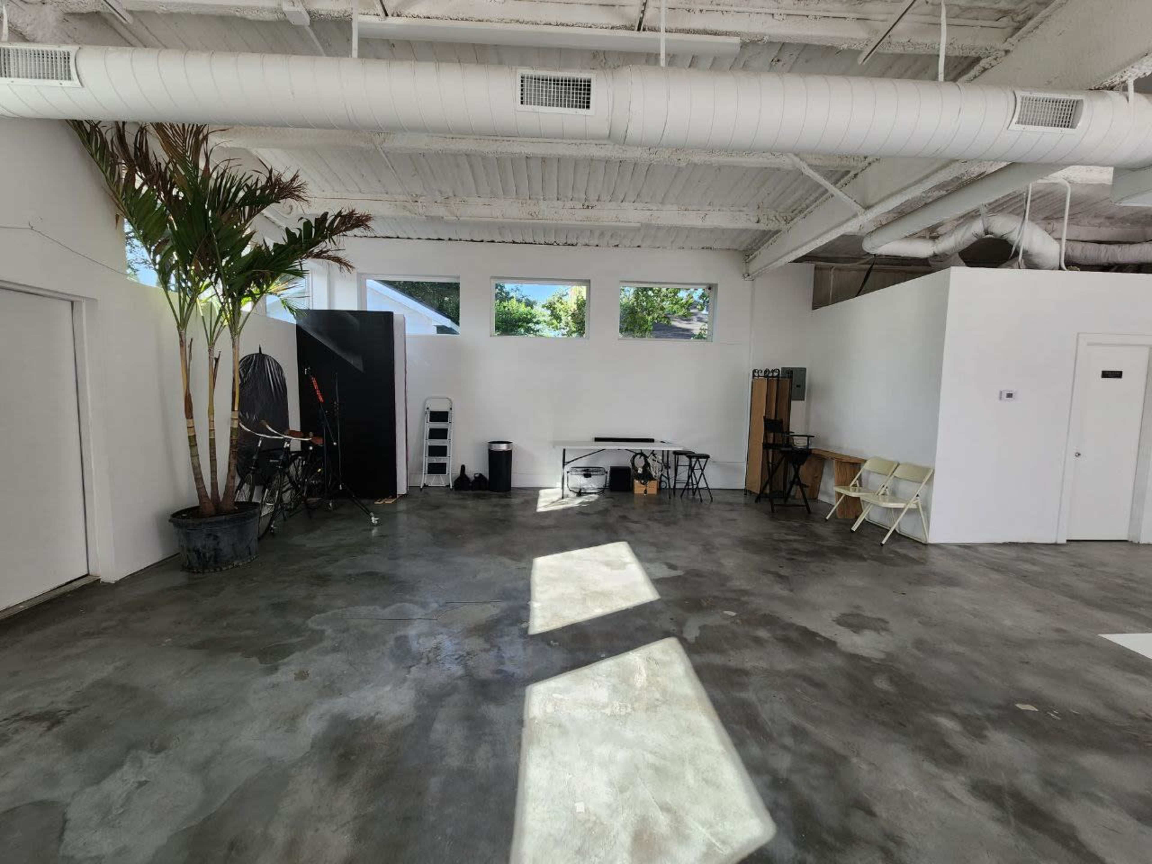 The image shows a spacious, minimally furnished room with a concrete floor, a tall palm plant in a pot, and various tables and chairs arranged along the walls.