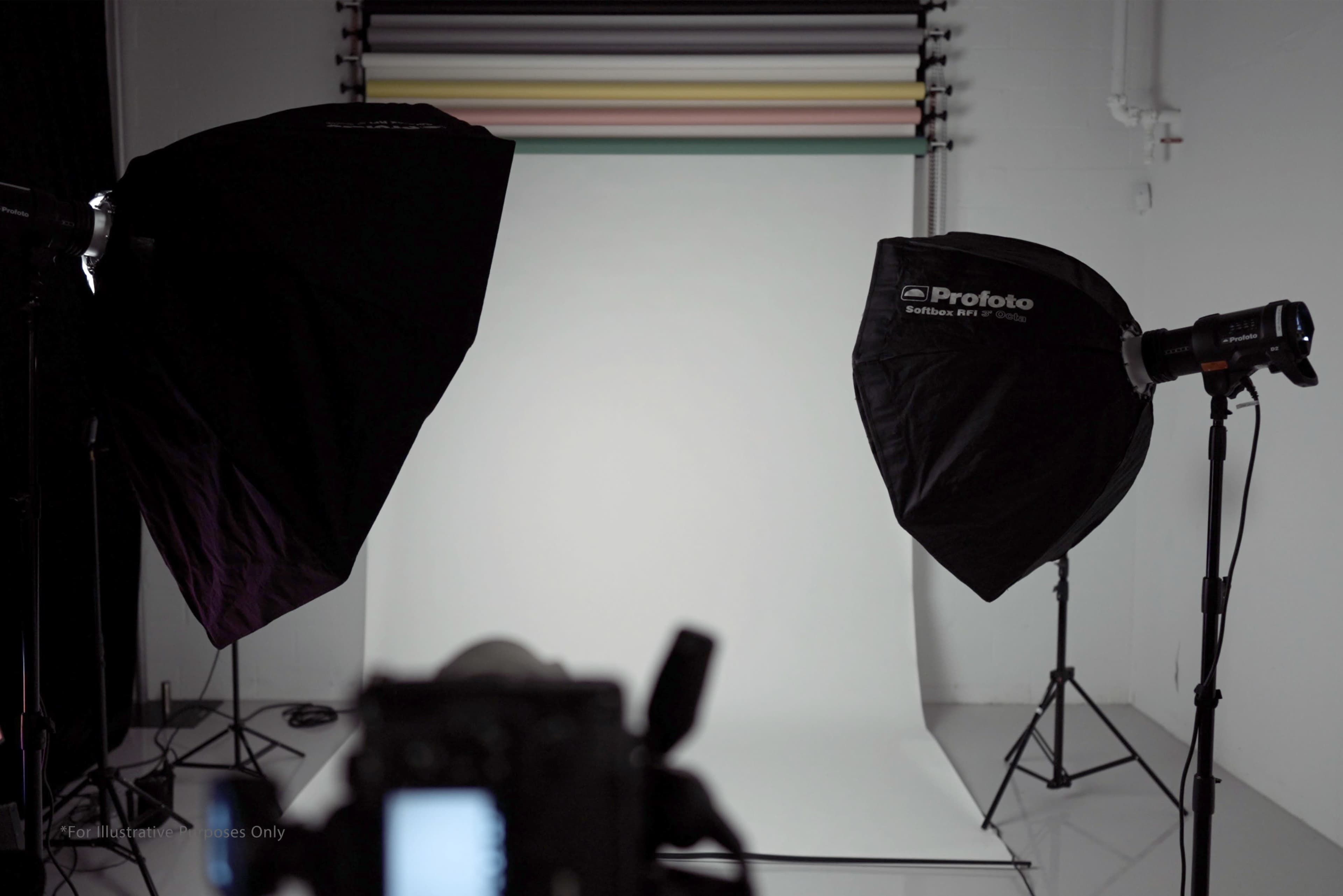 A photography studio setup features two softbox lights and a camera positioned in front of a neutral backdrop.