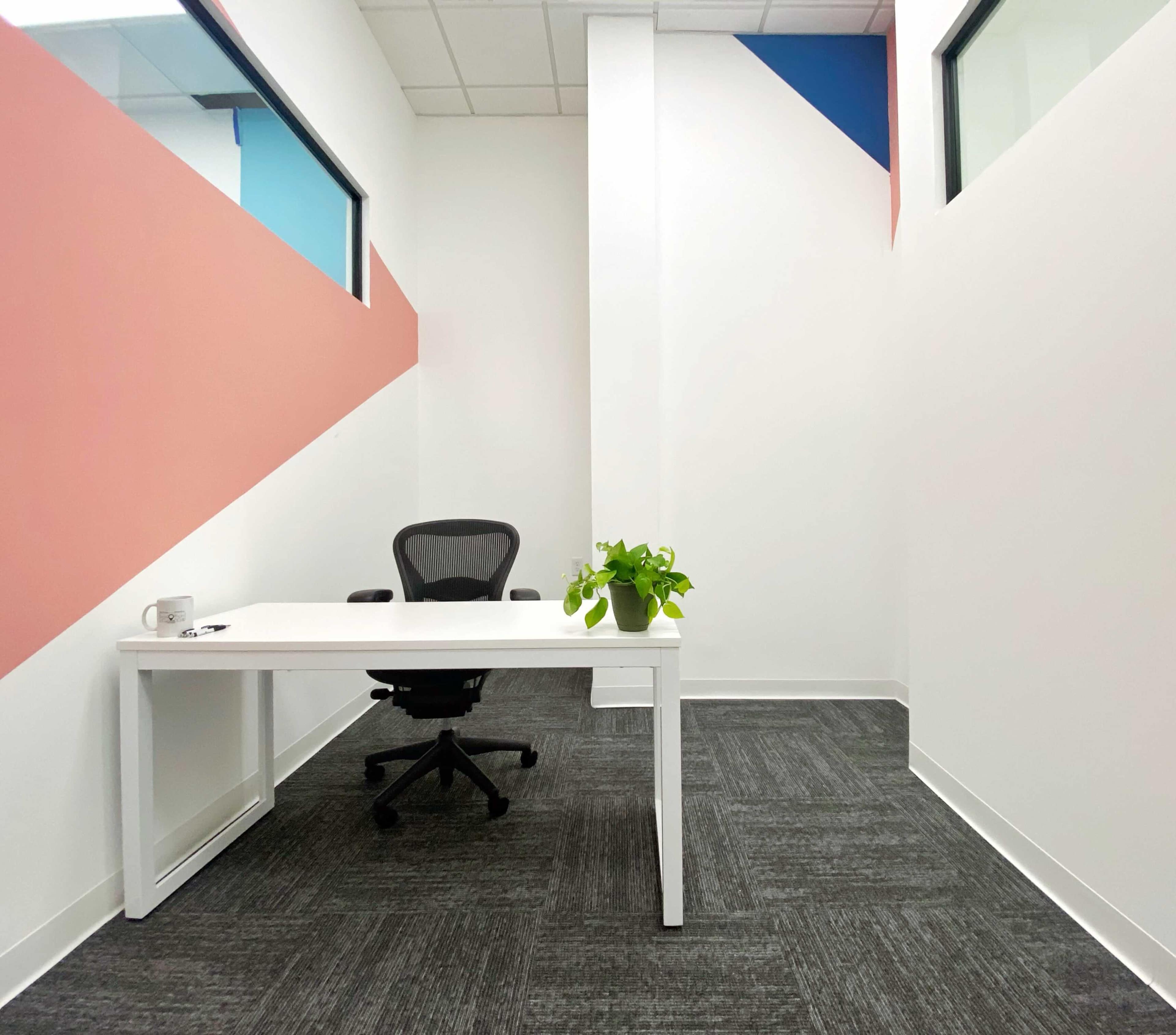 A minimalistic office space features a white desk and a black chair, with a small plant on the desk and colorful walls.