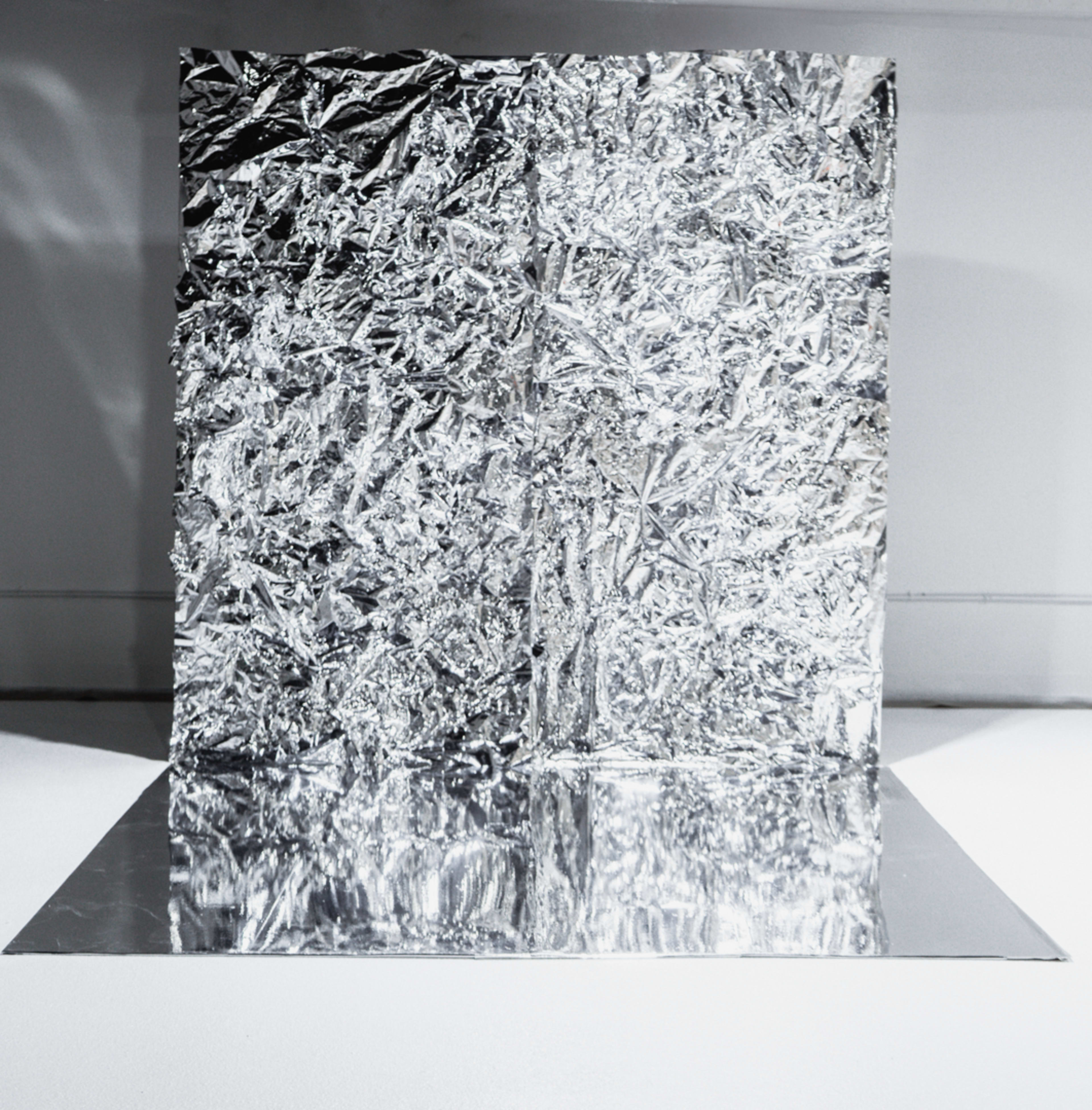 The image features a large piece of crinkled aluminum foil resting on a flat surface, reflecting light and creating a shiny, textured appearance.