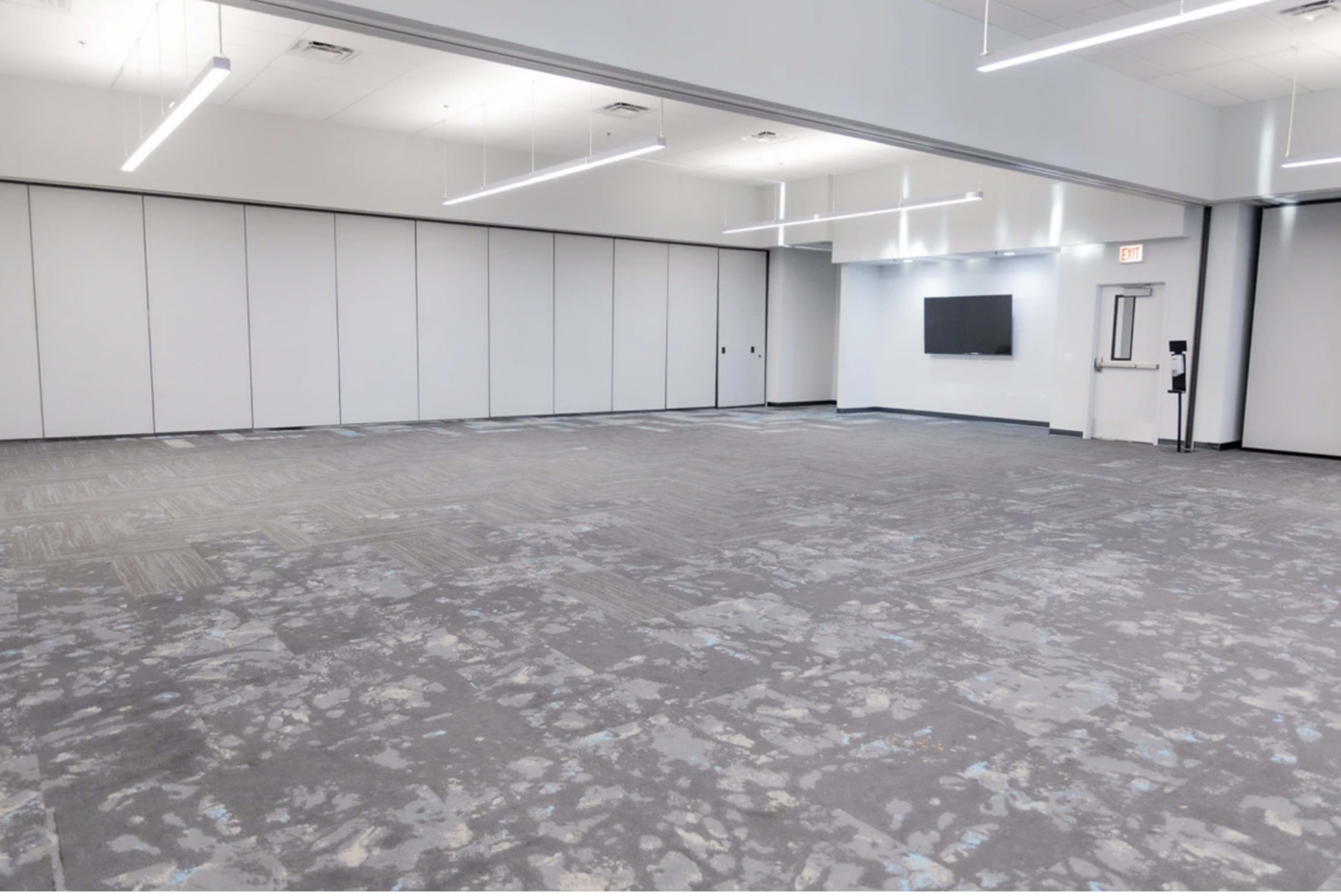 An empty, gray carpeted room with white walls and overhead fluorescent lighting.