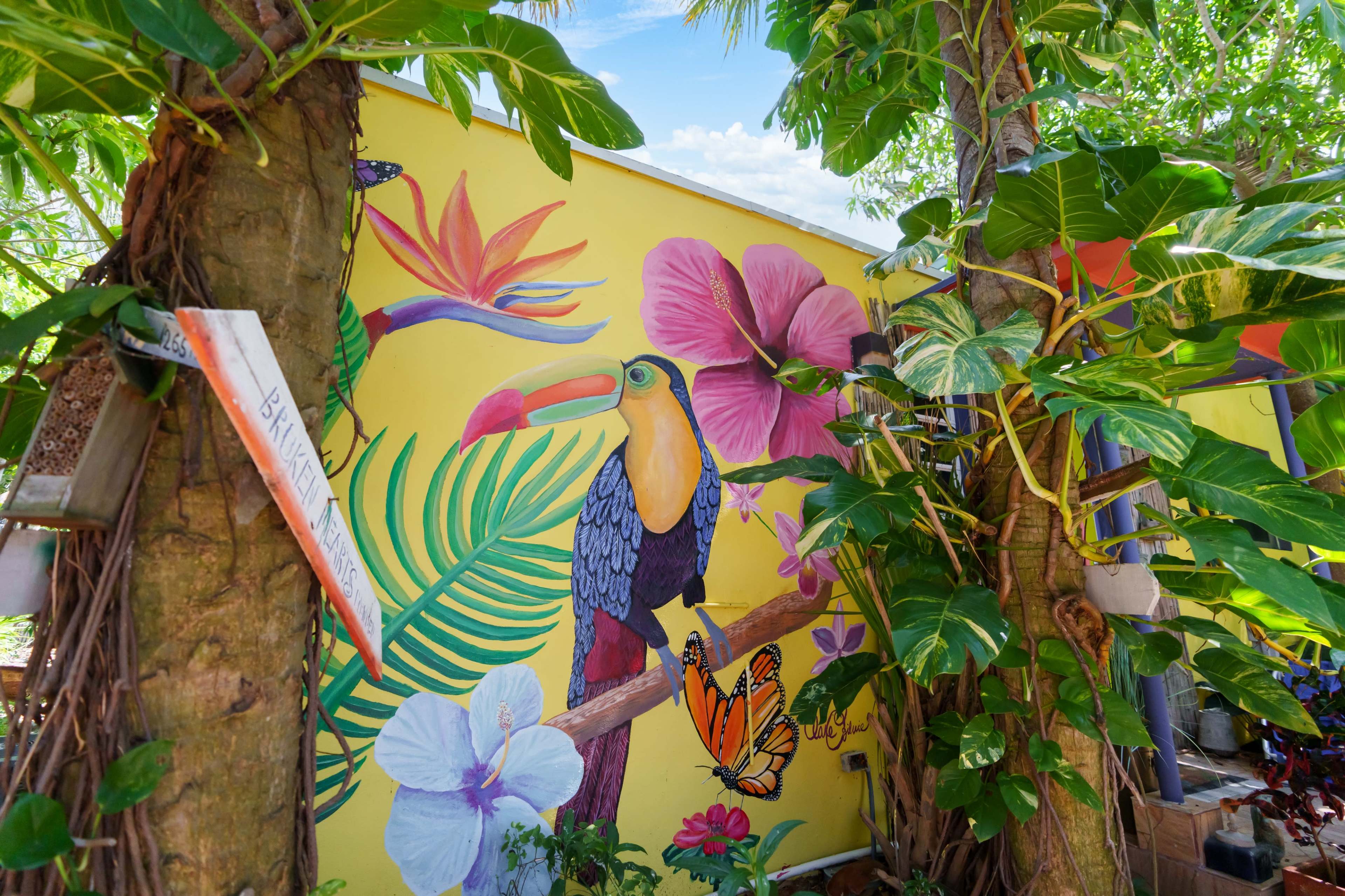 A vibrant mural of a toucan surrounded by tropical plants and flowers is painted on a yellow wall.
