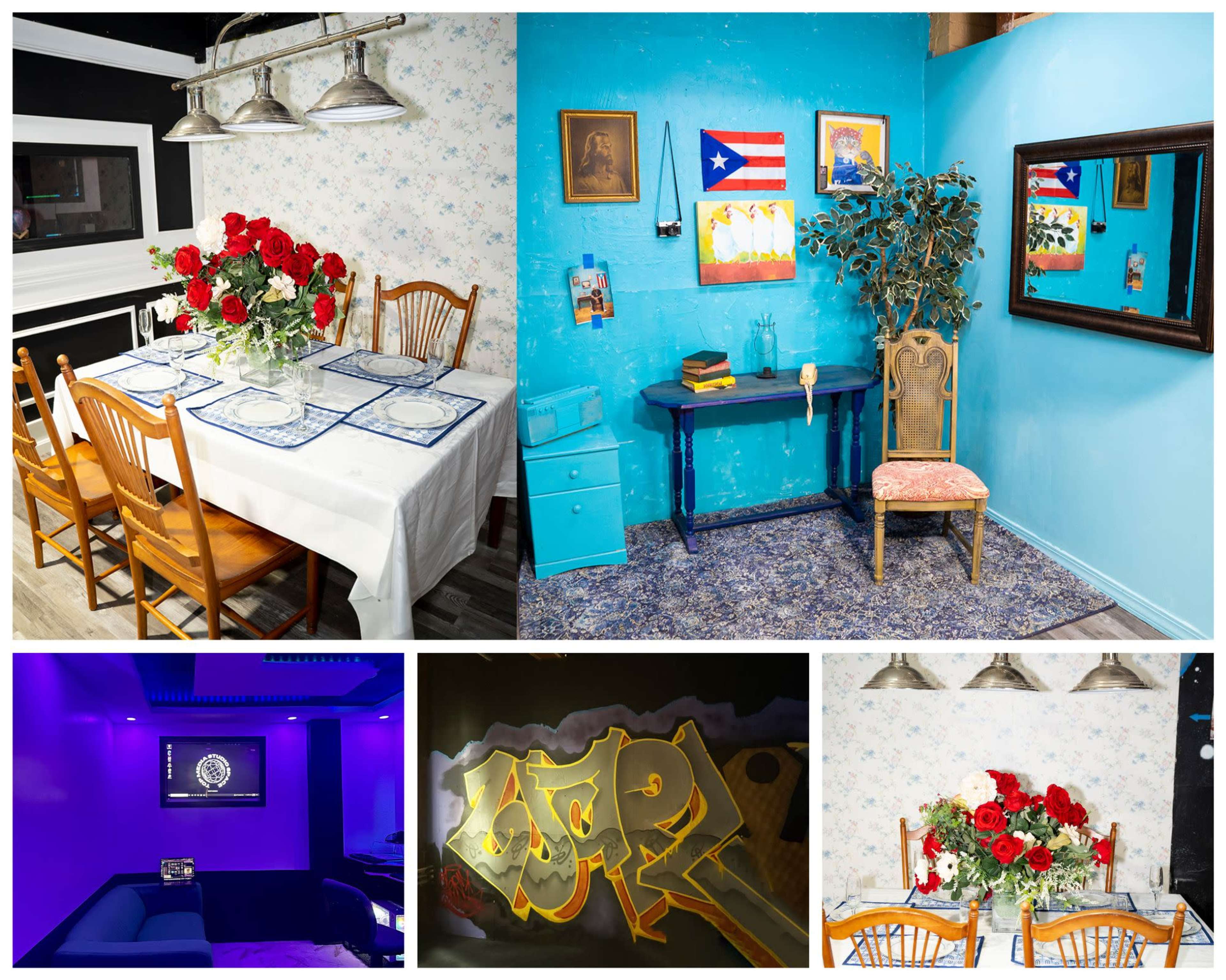 The image features a collage of a brightly colored dining area with a floral wallpaper and red roses on the table, a blue-walled room with a Cuban flag and a mirror, a lounge area with purple lighting, and a wall with colorful graffiti.