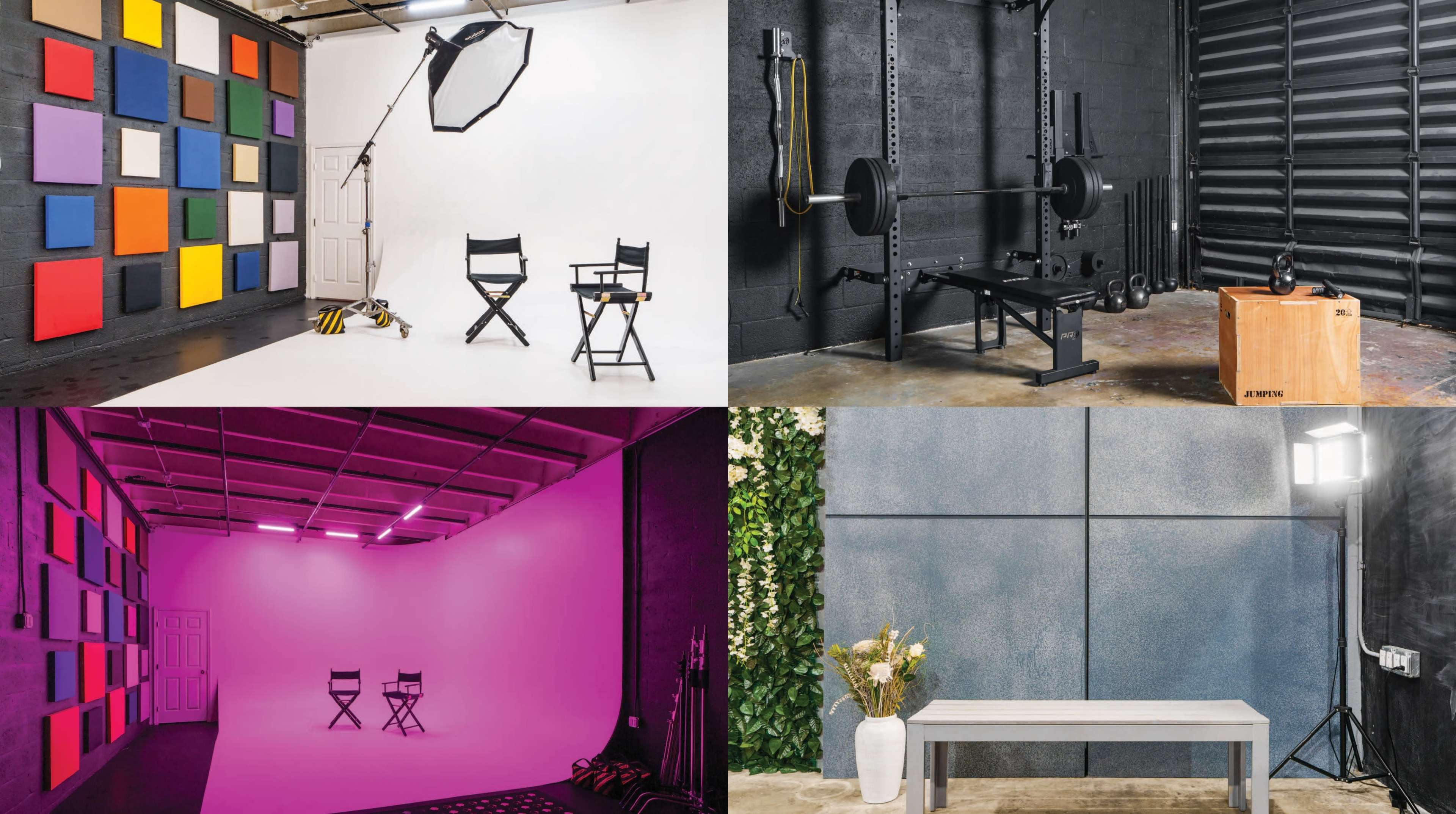 Four distinct studio setups featuring colorful backdrops, a weightlifting area, a pink-lit space with director's chairs, and a minimalist room with greenery and a table.