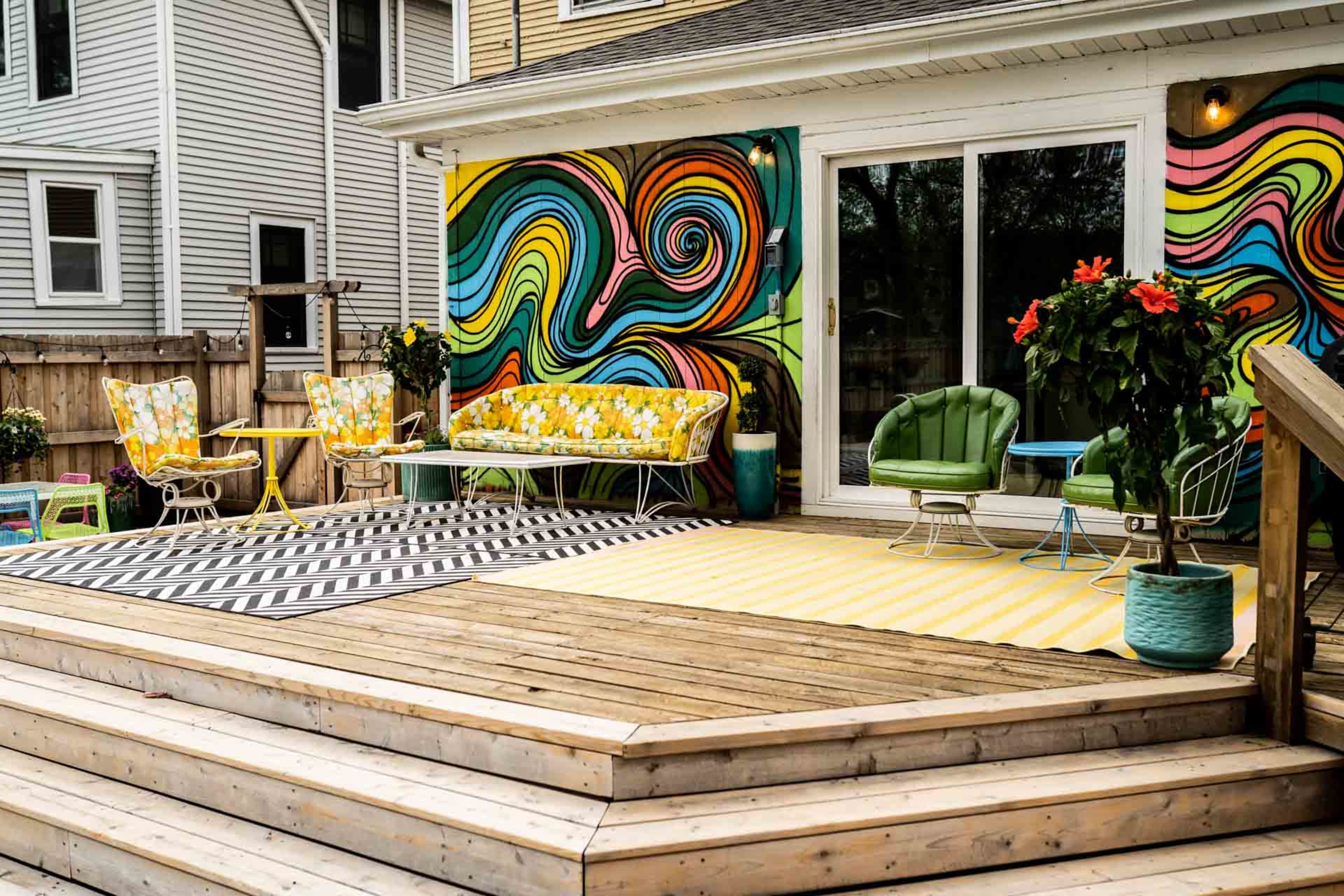 A colorful outdoor deck featuring various seating options, vibrant wall art, and decorative plants.