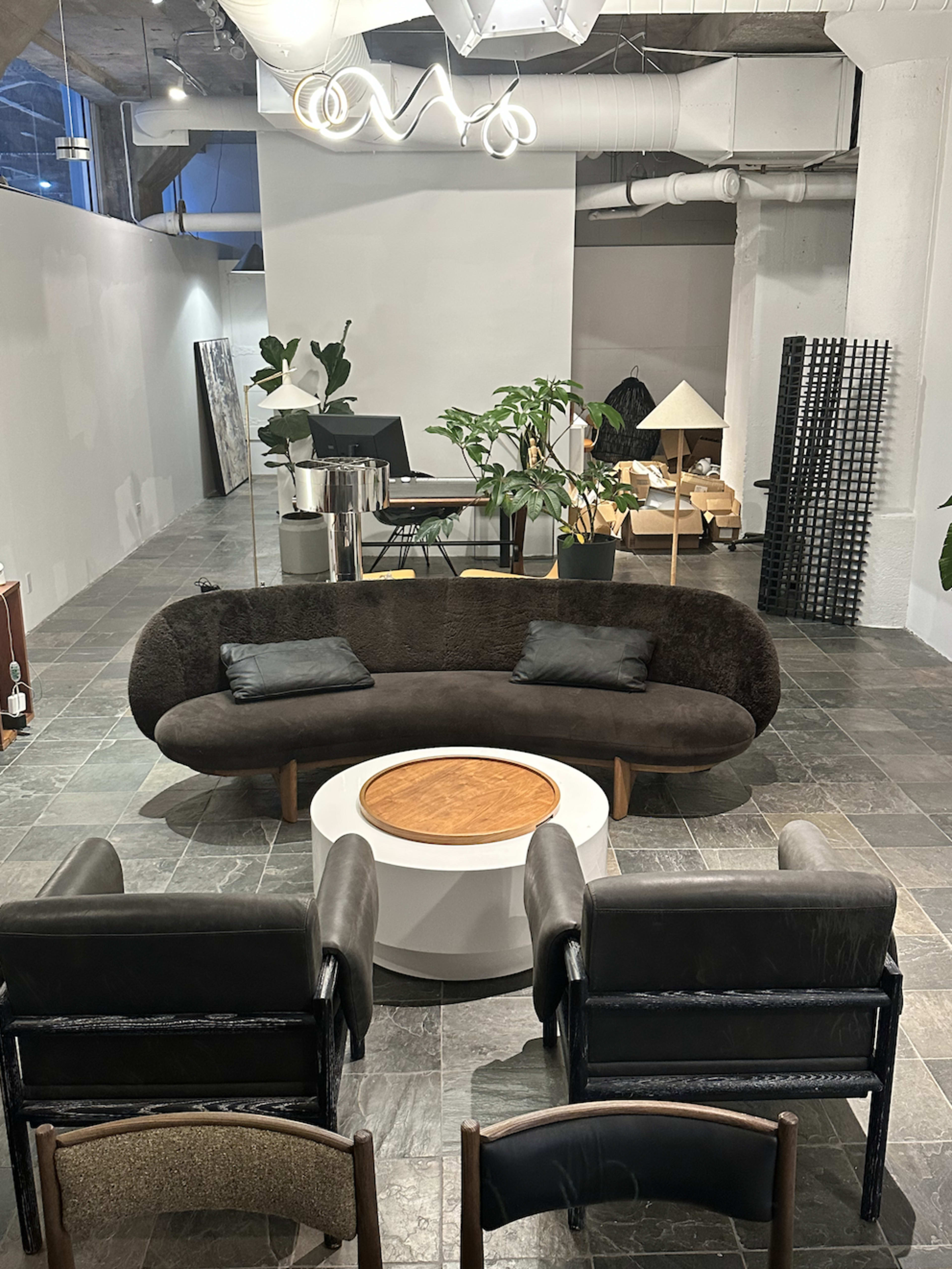 The image shows a spacious interior with a brown curved sofa, surrounding chairs, a round coffee table, and decorative plants in a modern setting.
