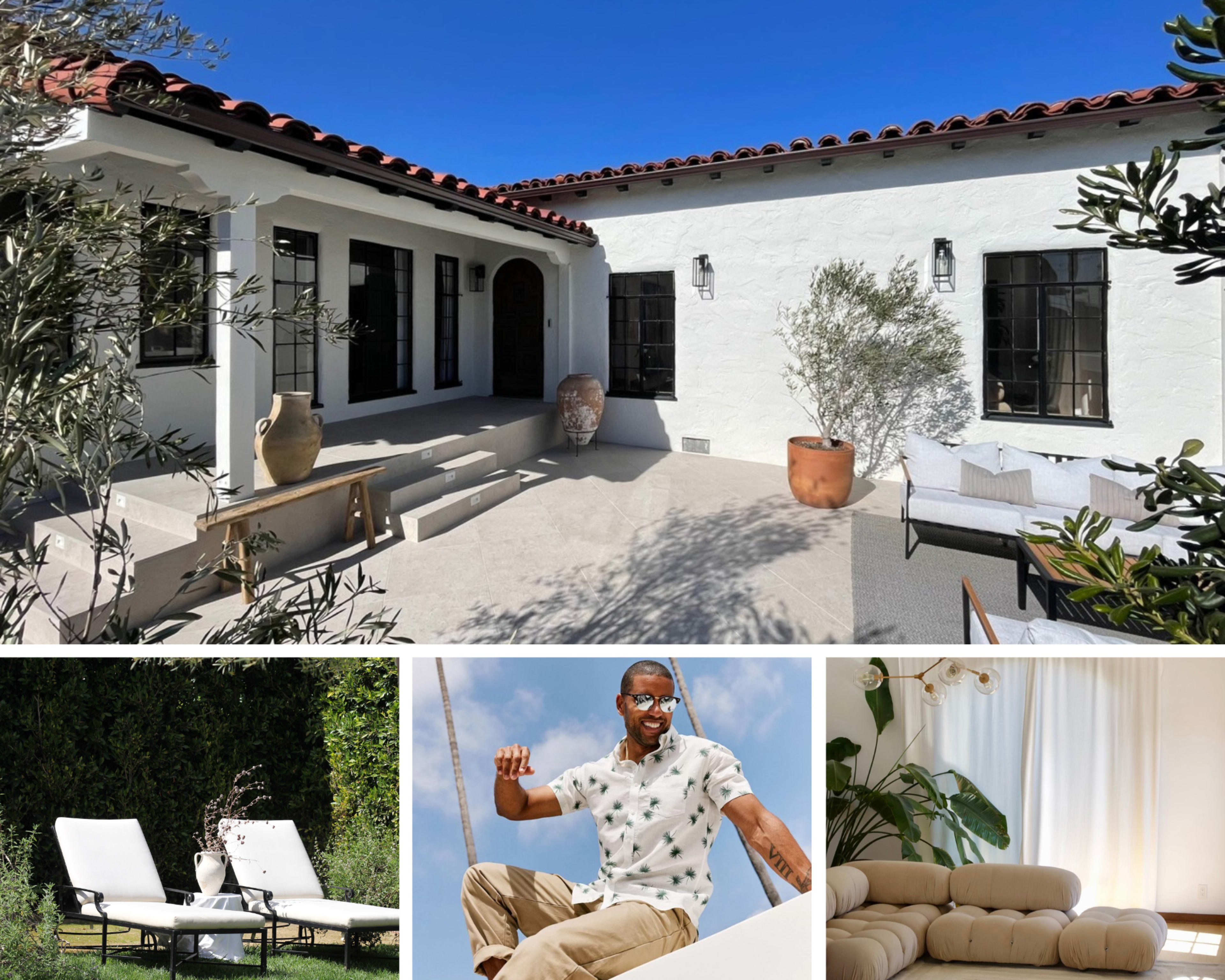 The image shows a modern house with a textured white exterior, clay pots, and an outdoor seating area, surrounded by greenery.