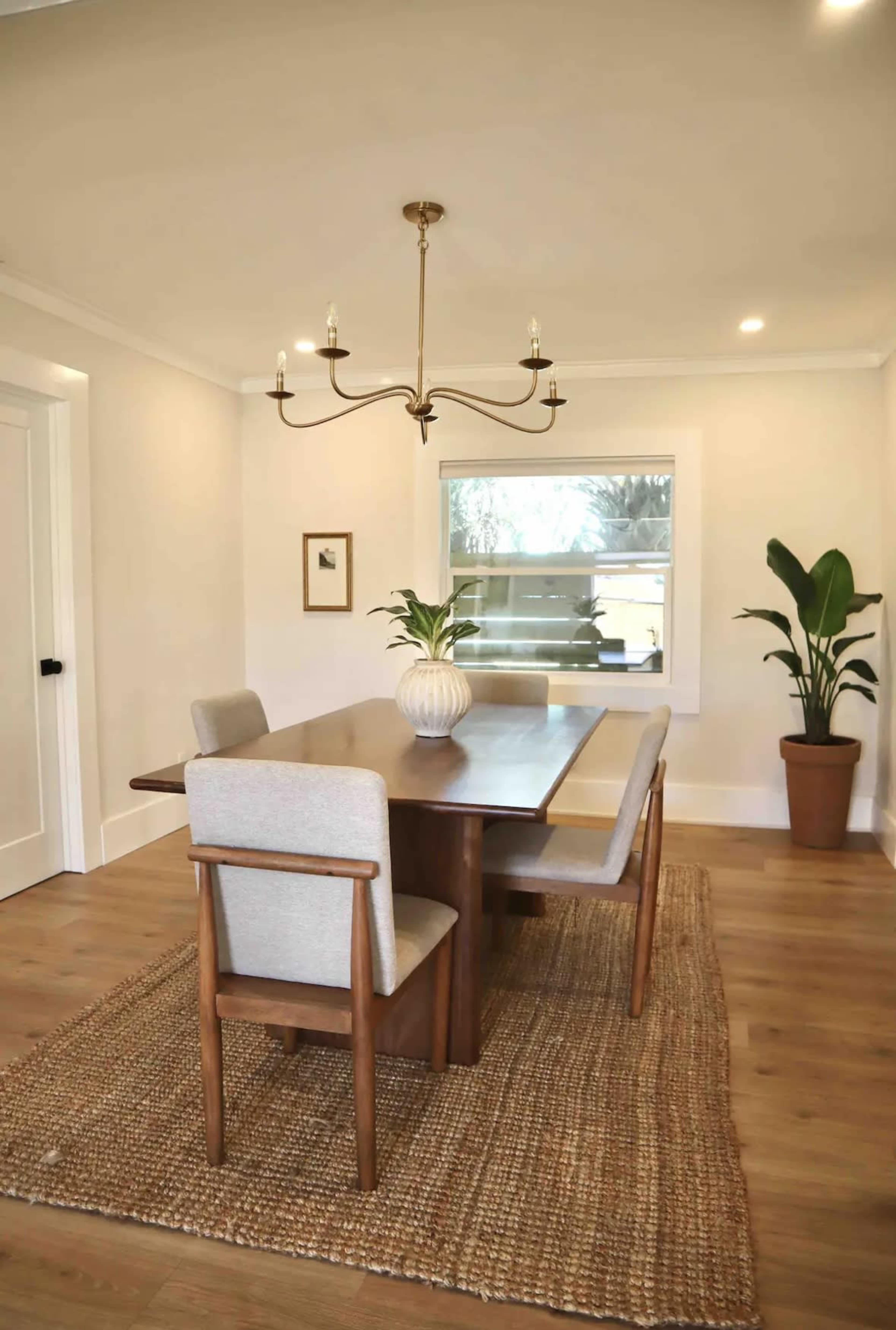A dining area features a wooden table with two upholstered chairs, a chandelier overhead, and a large potted plant beside a window.
