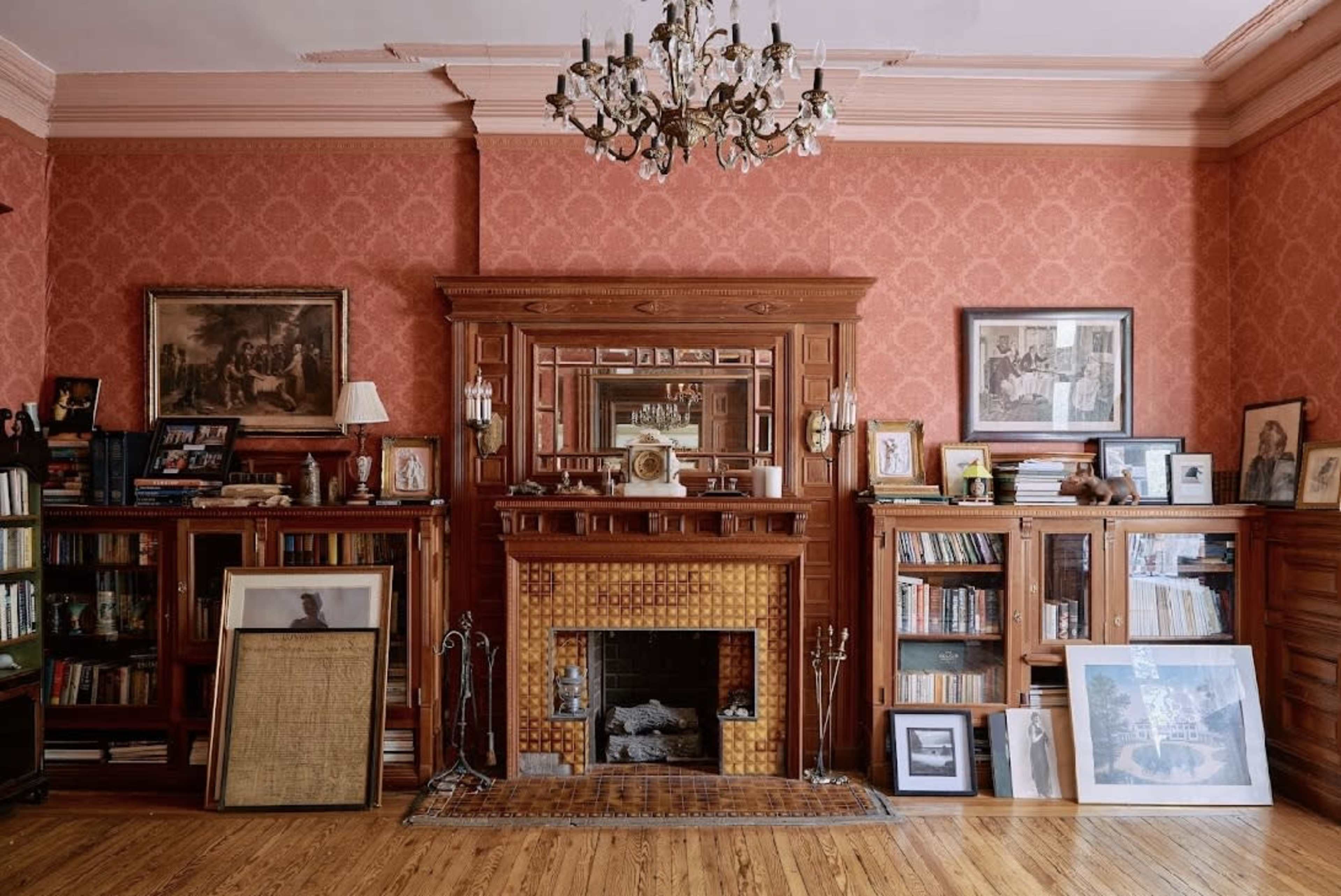 Classic Wallpapered Parlor Room with Fireplace and Wood Details Image in Bedford-Stuyvesant, Brooklyn, NY
