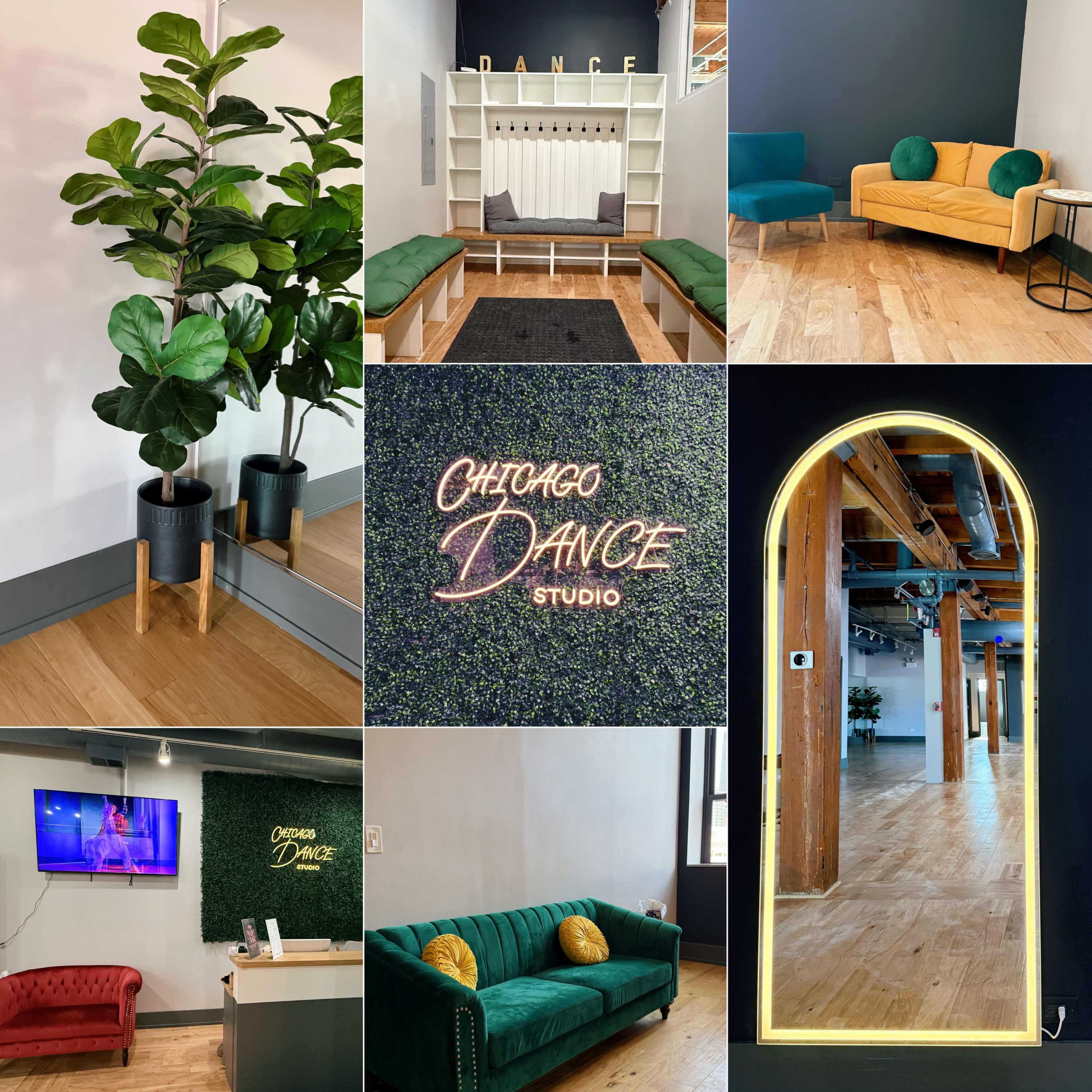 The image displays various corners of a dance studio in Chicago, featuring seating areas, greenery, a mirror, and a neon sign.