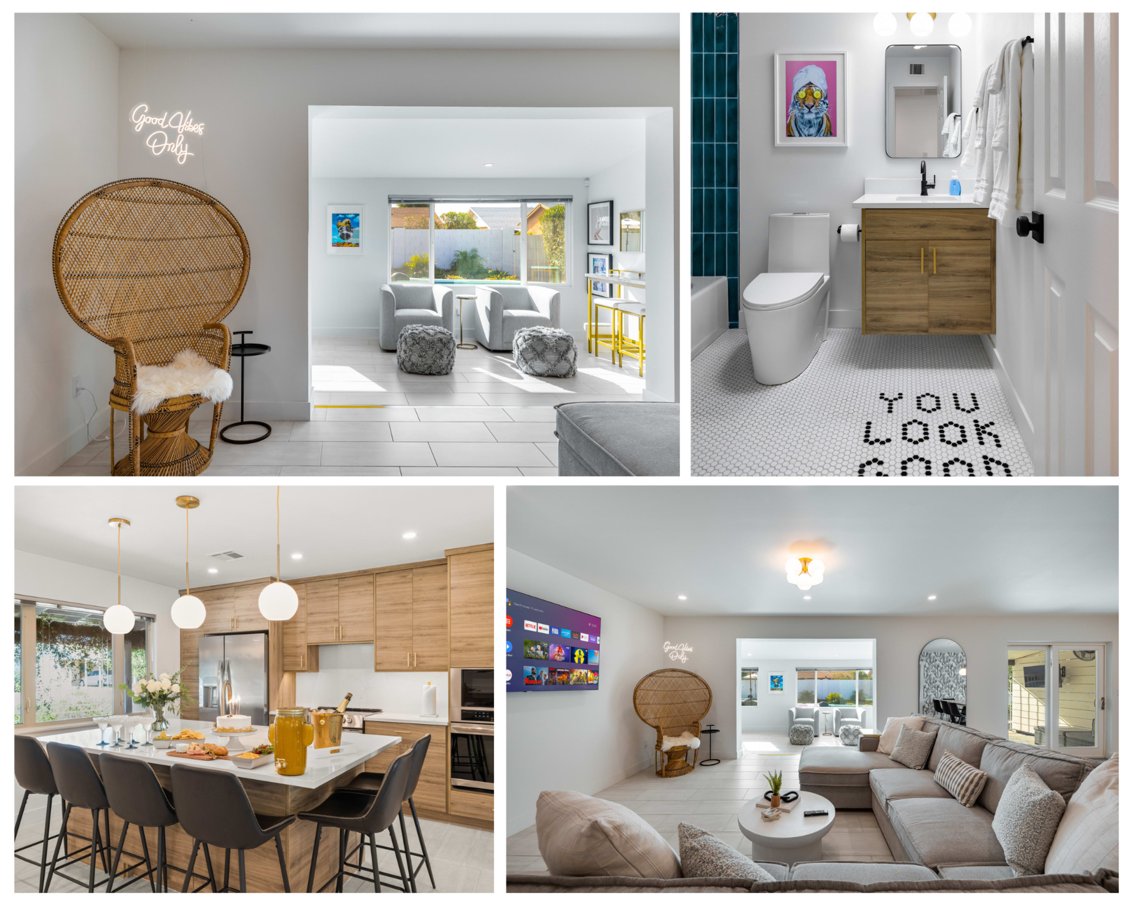 A modern home interior featuring a living area, dining space, bathroom, and a cozy reading nook with a large chair.