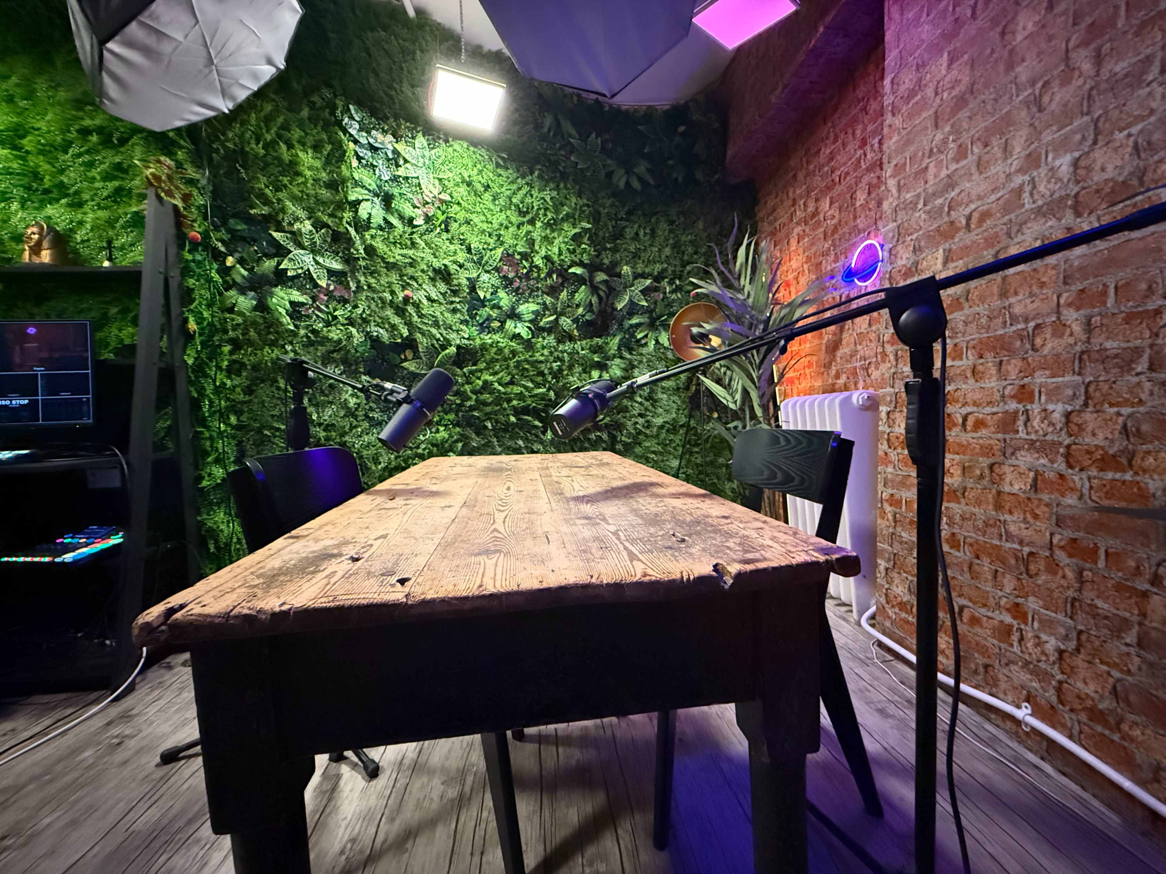 The image shows a studio setup featuring a wooden table, two chairs, and microphones, surrounded by a wall covered in greenery and accented with colorful lights.