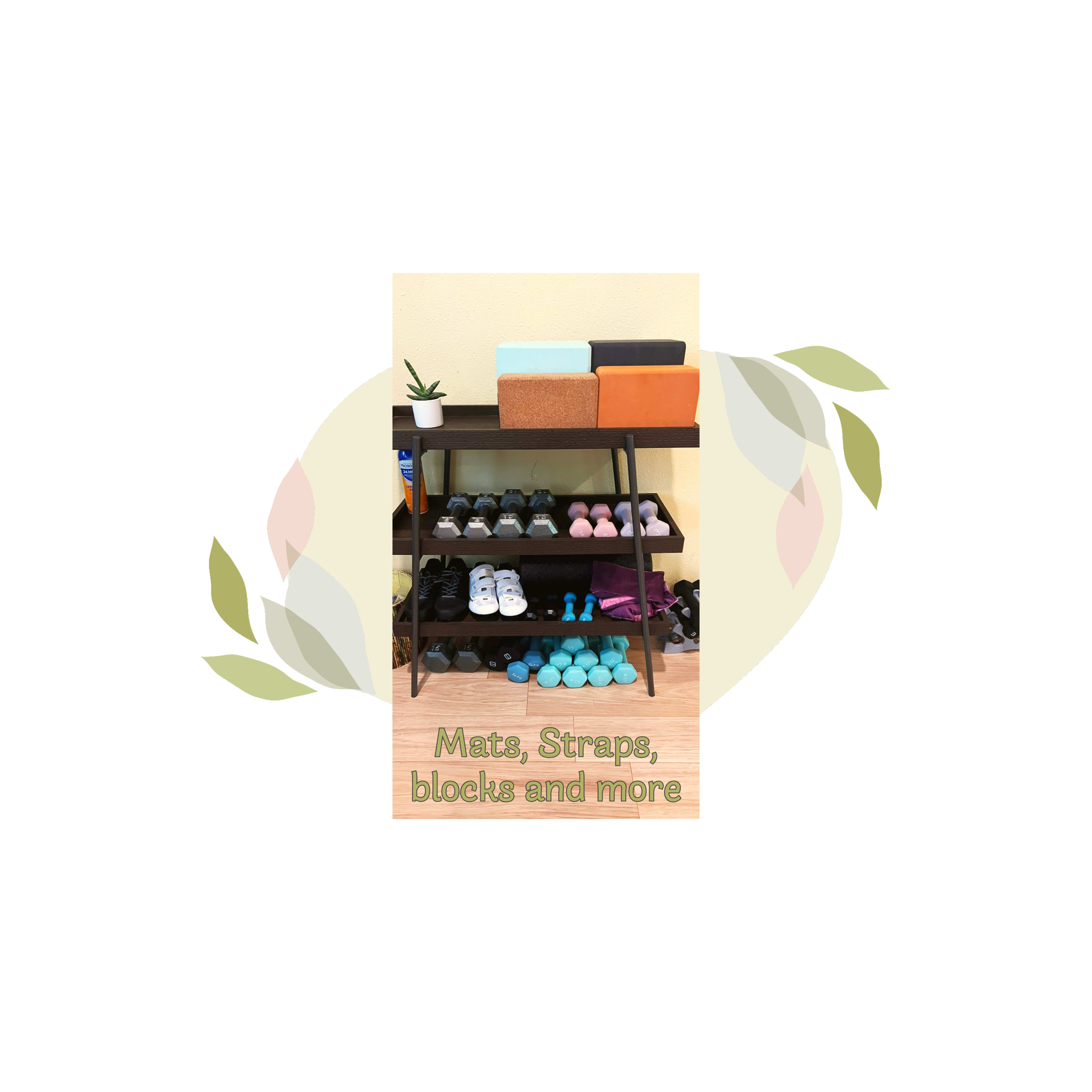 A shoe rack displays various fitness equipment, including mats, blocks, and weights, grouped neatly on shelves.