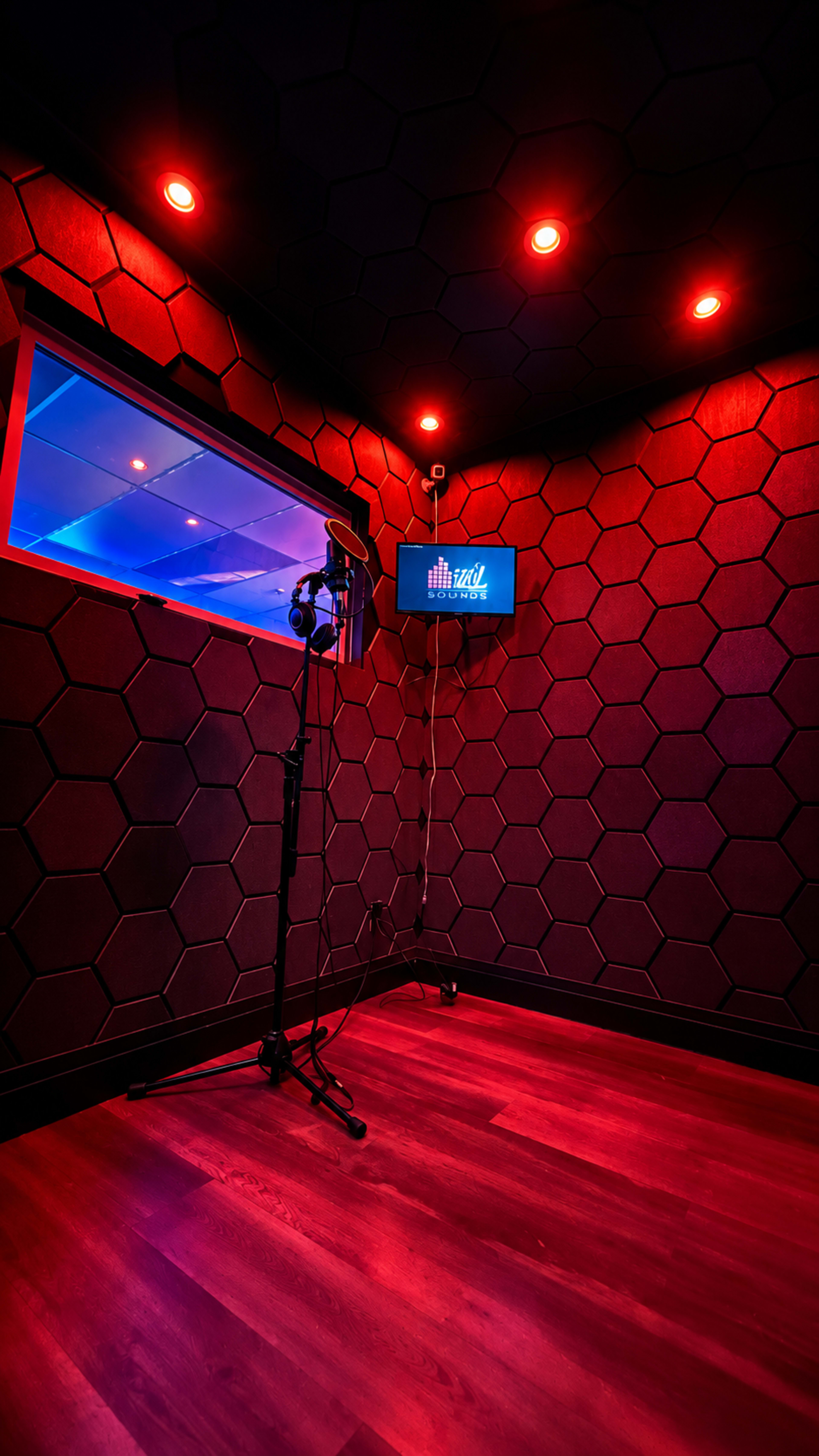 The image shows a soundproof recording booth with hexagonal acoustic panels, red ambient lighting, a microphone on a stand, and a wall-mounted monitor displaying sound levels.