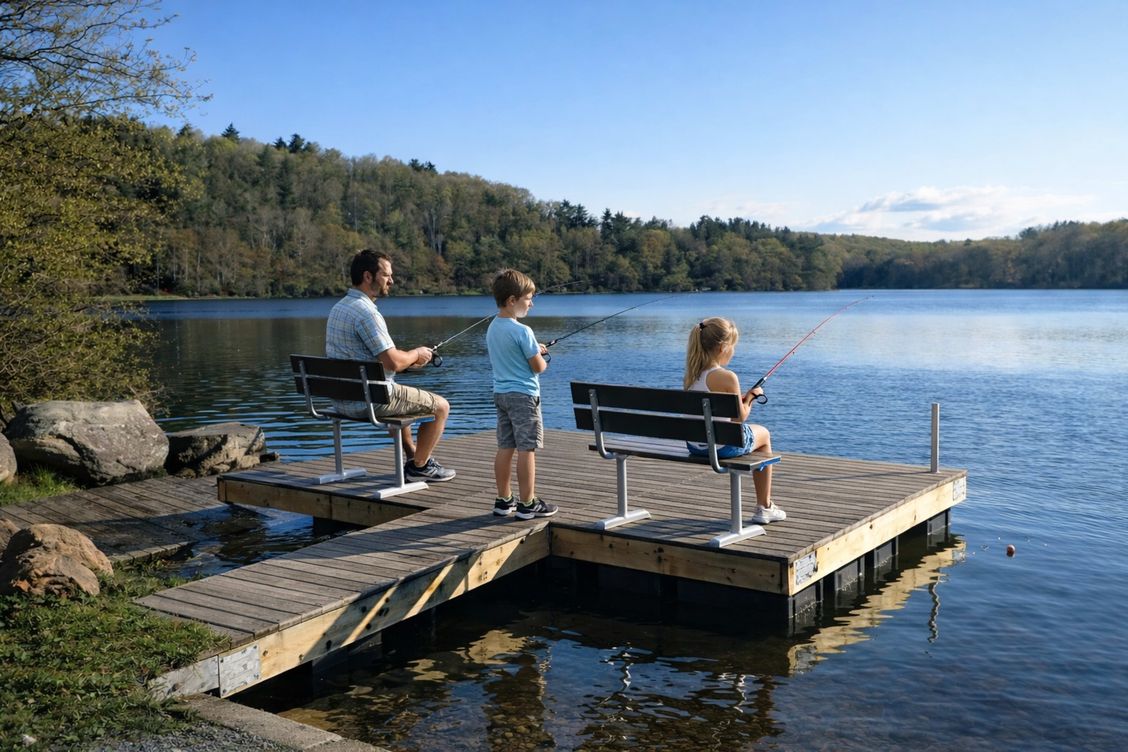 A man and two children are fishing off a wooden dock beside a calm lake surrounded by trees.