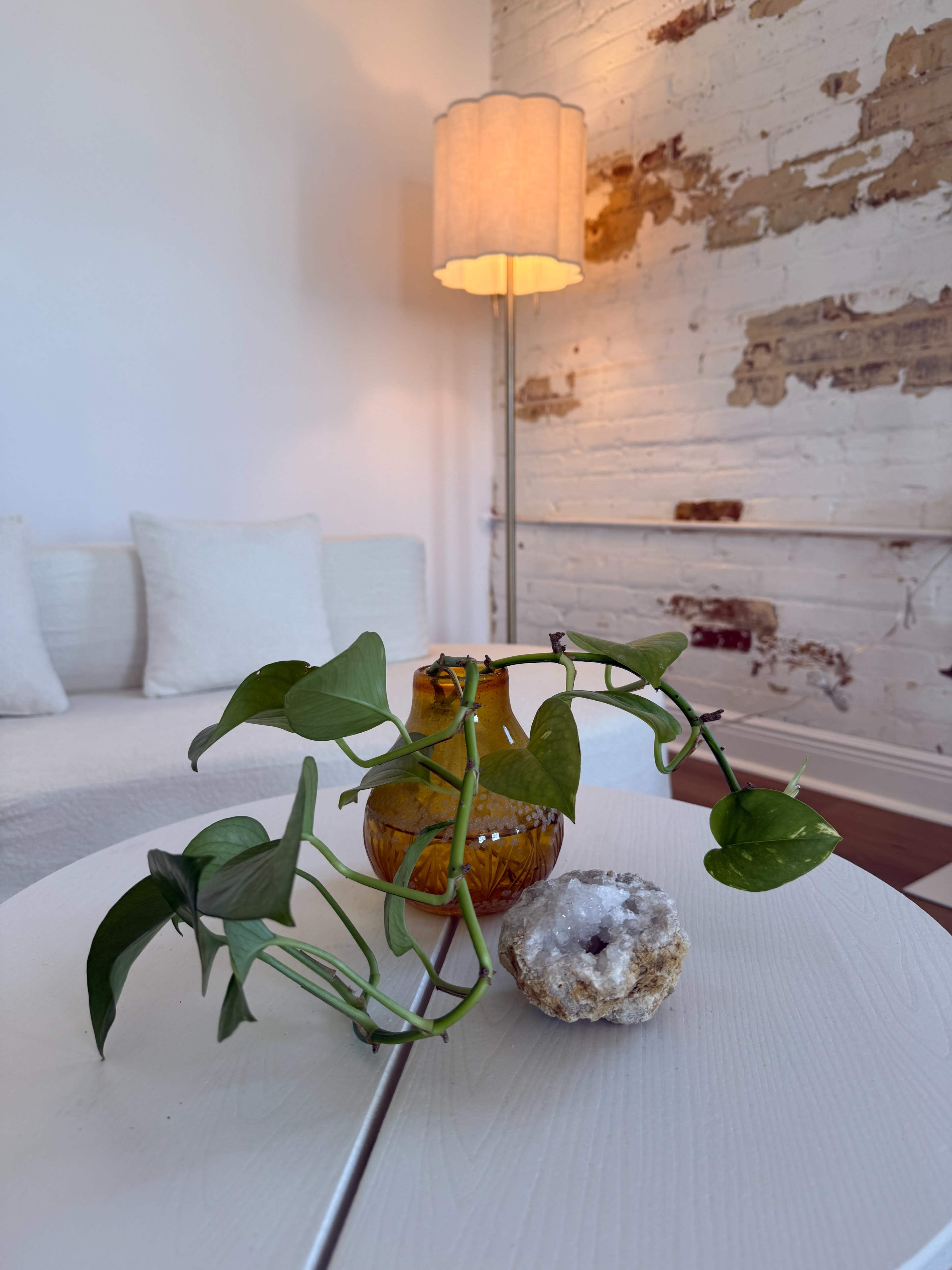 A small plant with trailing vines is placed beside a decorative crystal on a light wooden table, with a lamp and white brick wall in the background.