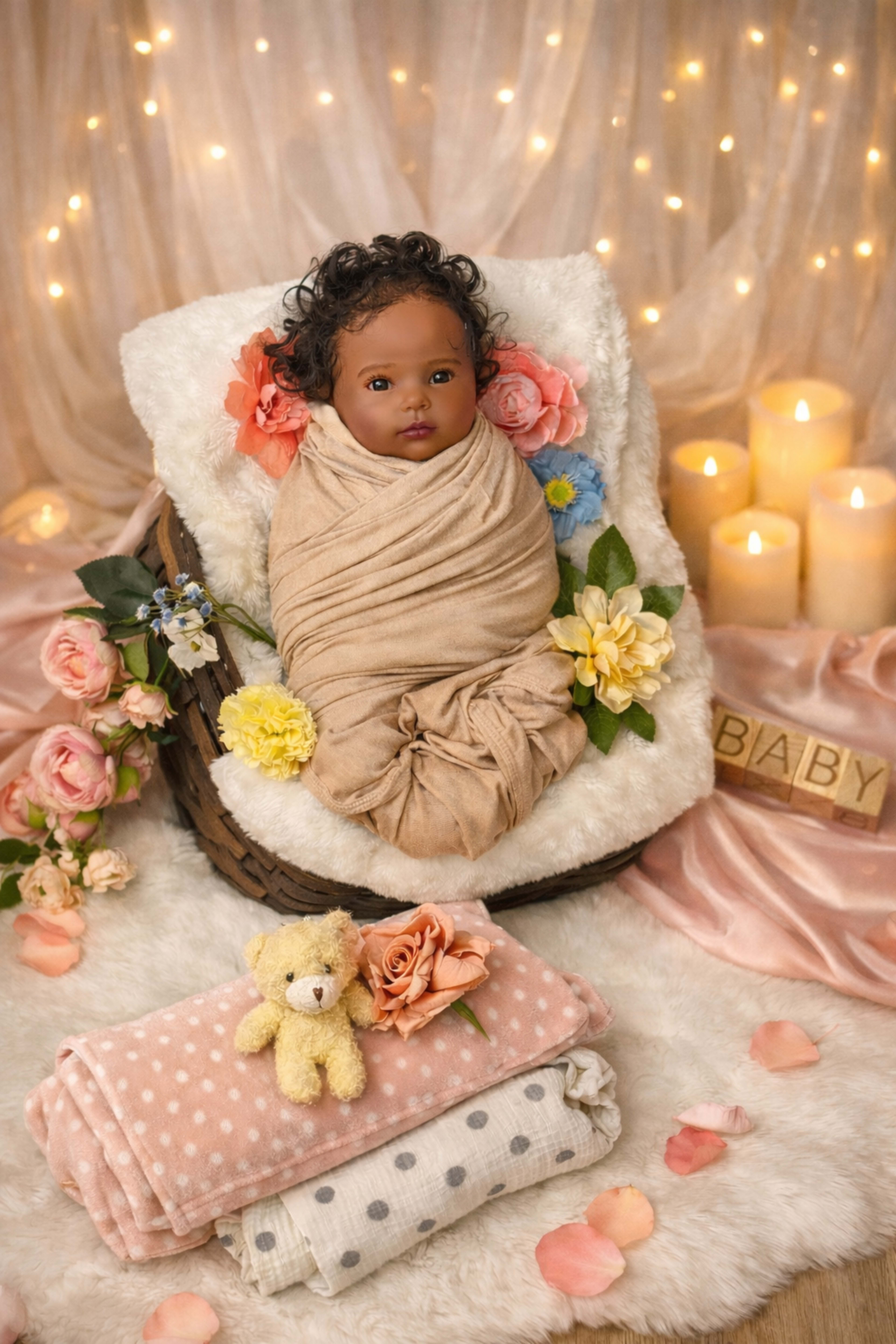 A doll swaddled in a tan blanket sits in a basket surrounded by flowers and soft fabrics, with candles glowing in the background.