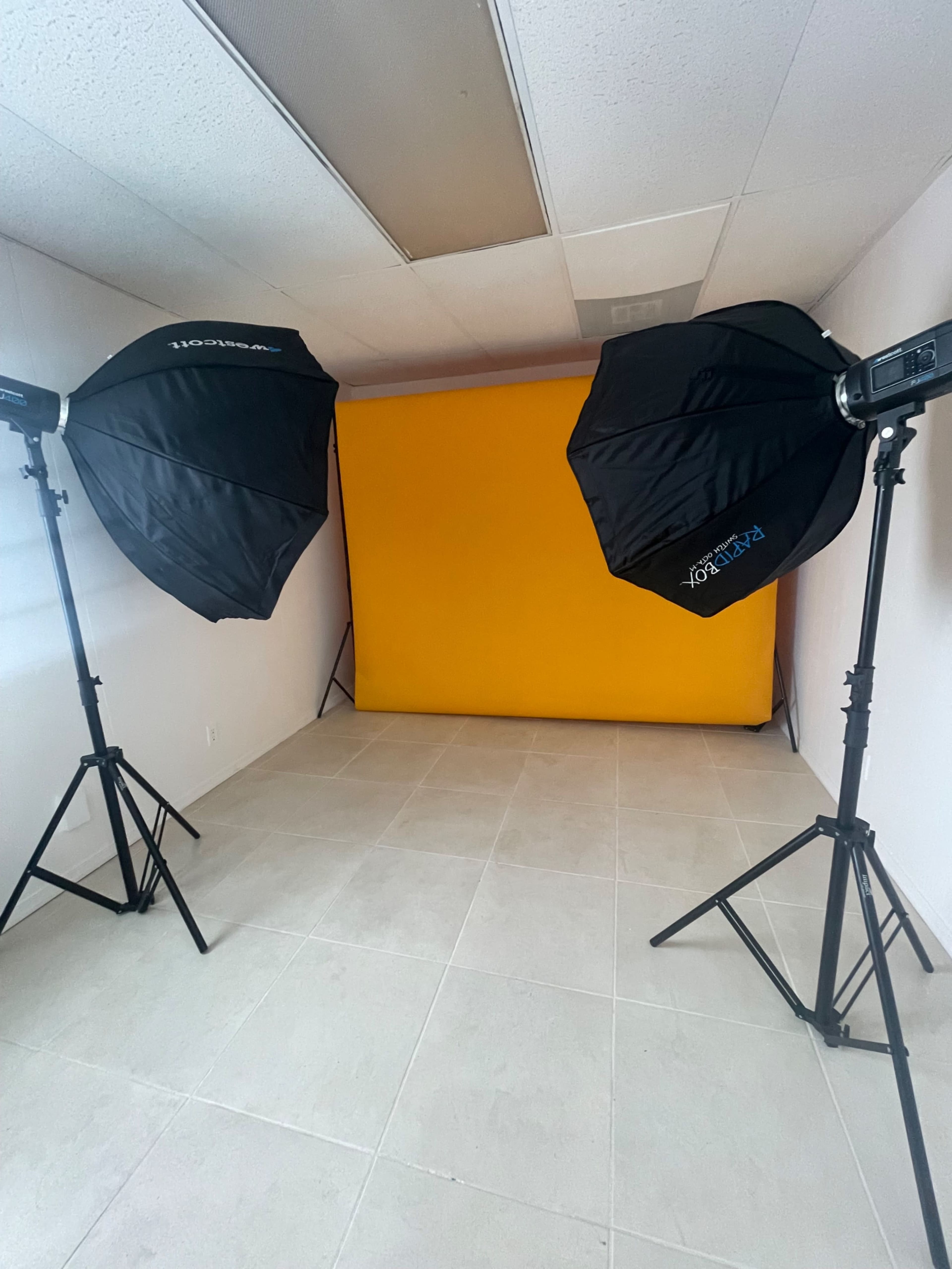 A photography studio setup with two softbox lights on tripods facing a yellow backdrop.