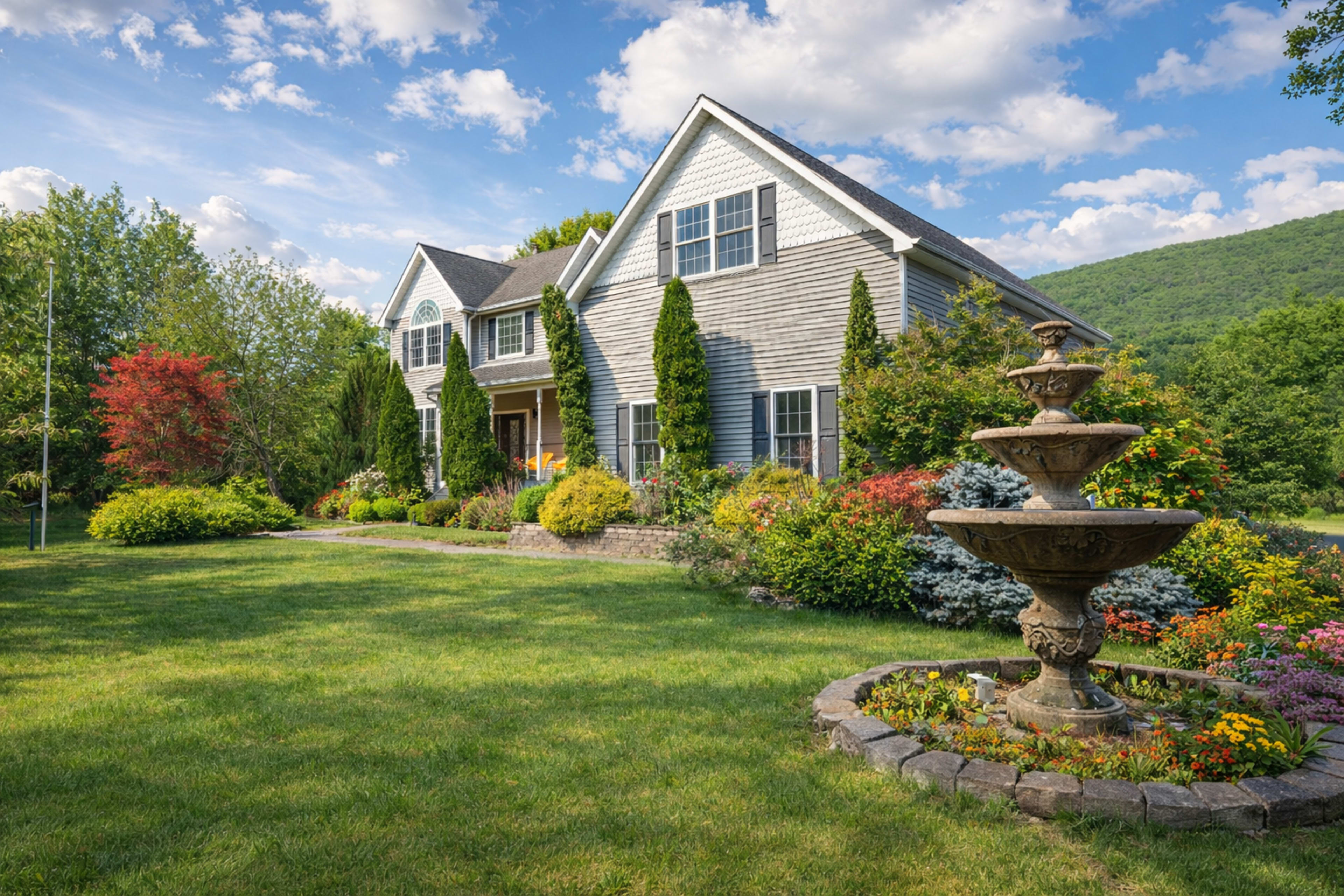 A large, two-story house with a gray exterior is surrounded by a well-maintained garden featuring a stone fountain and colorful flower beds against a backdrop of rolling hills.