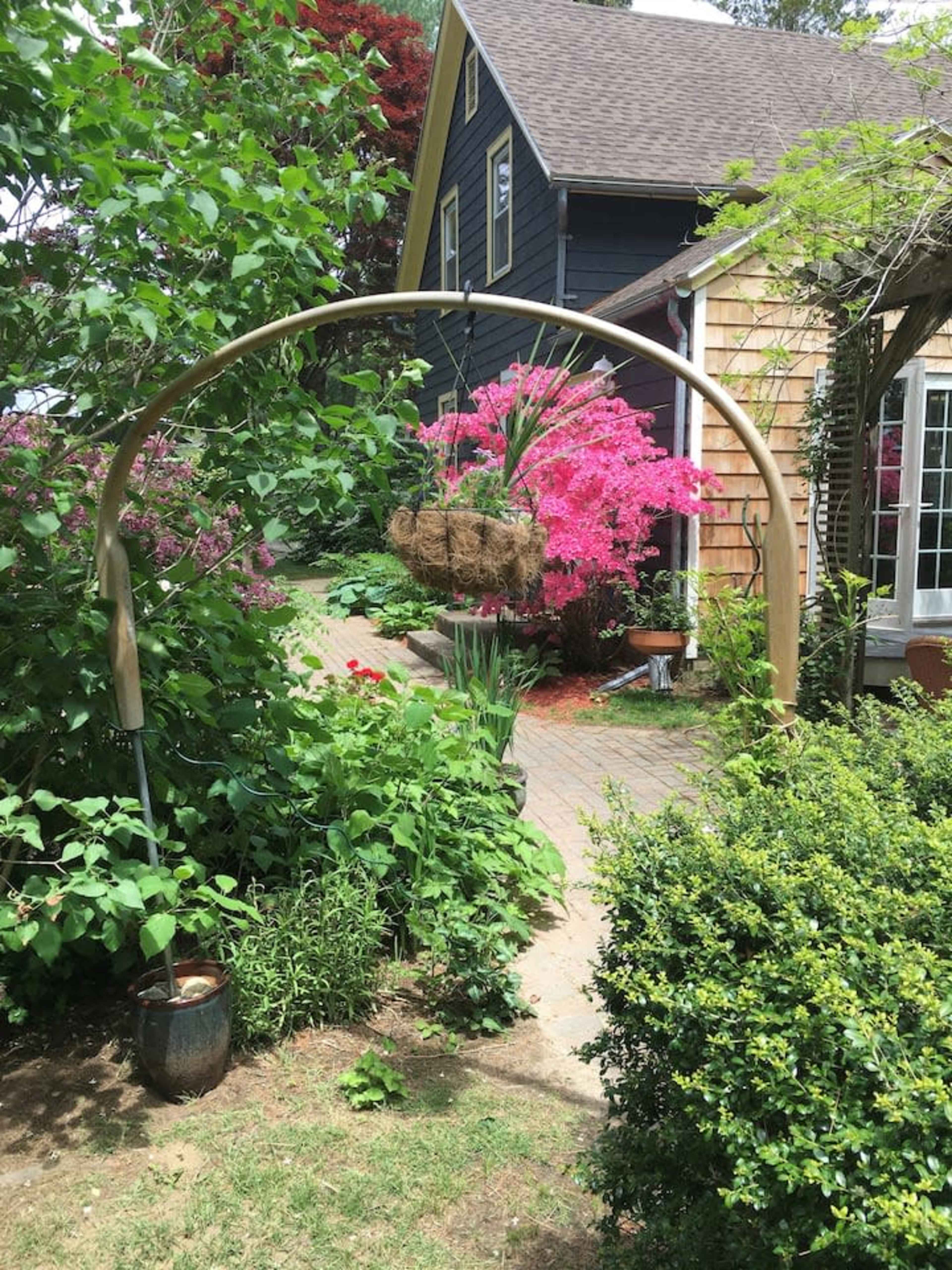 A curved wooden arch stands in a garden, adorned with hanging plants and surrounded by vibrant greenery and flowering shrubs.