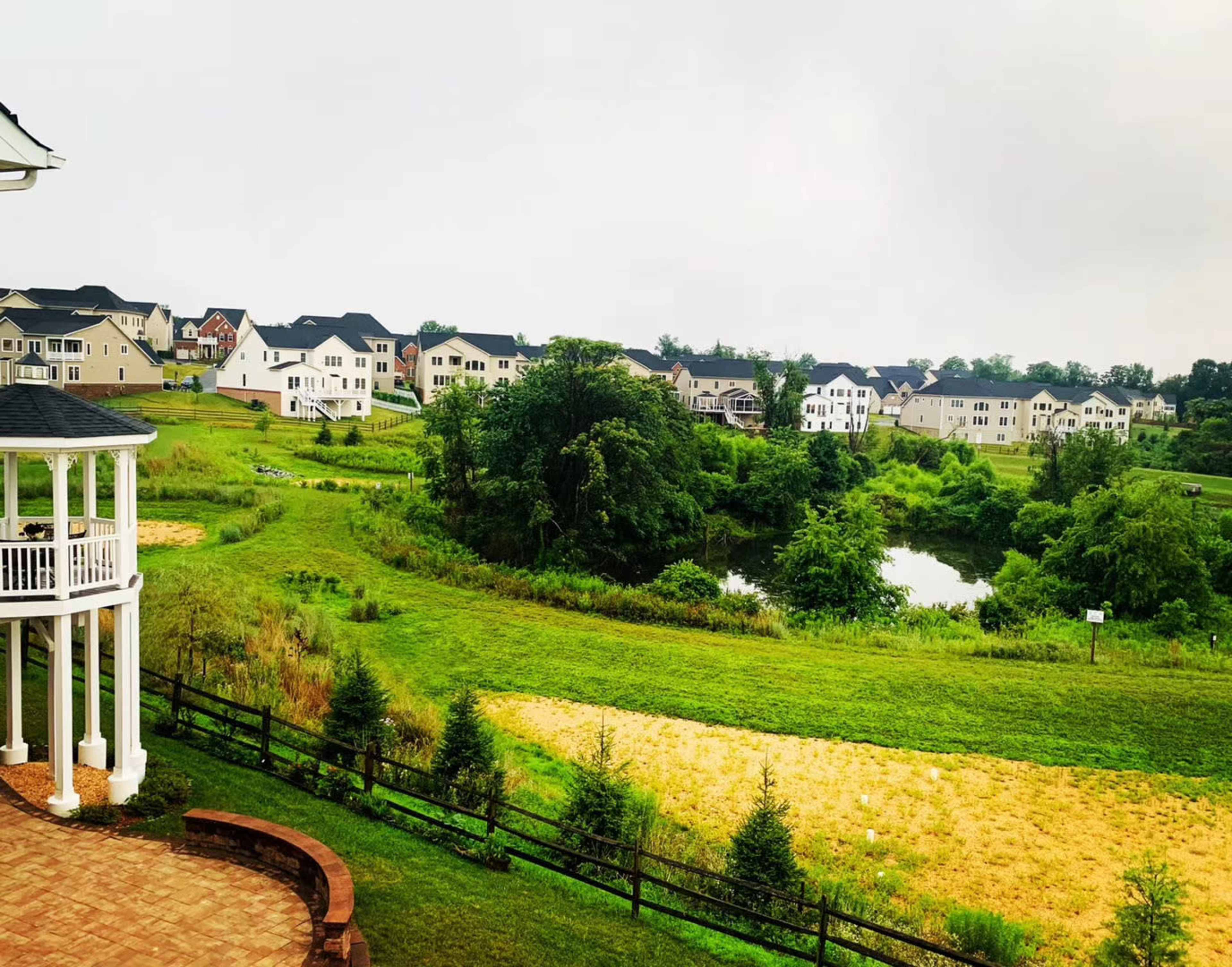 A view of a residential neighborhood with several houses on grassy hills, bordered by trees and a small pond.