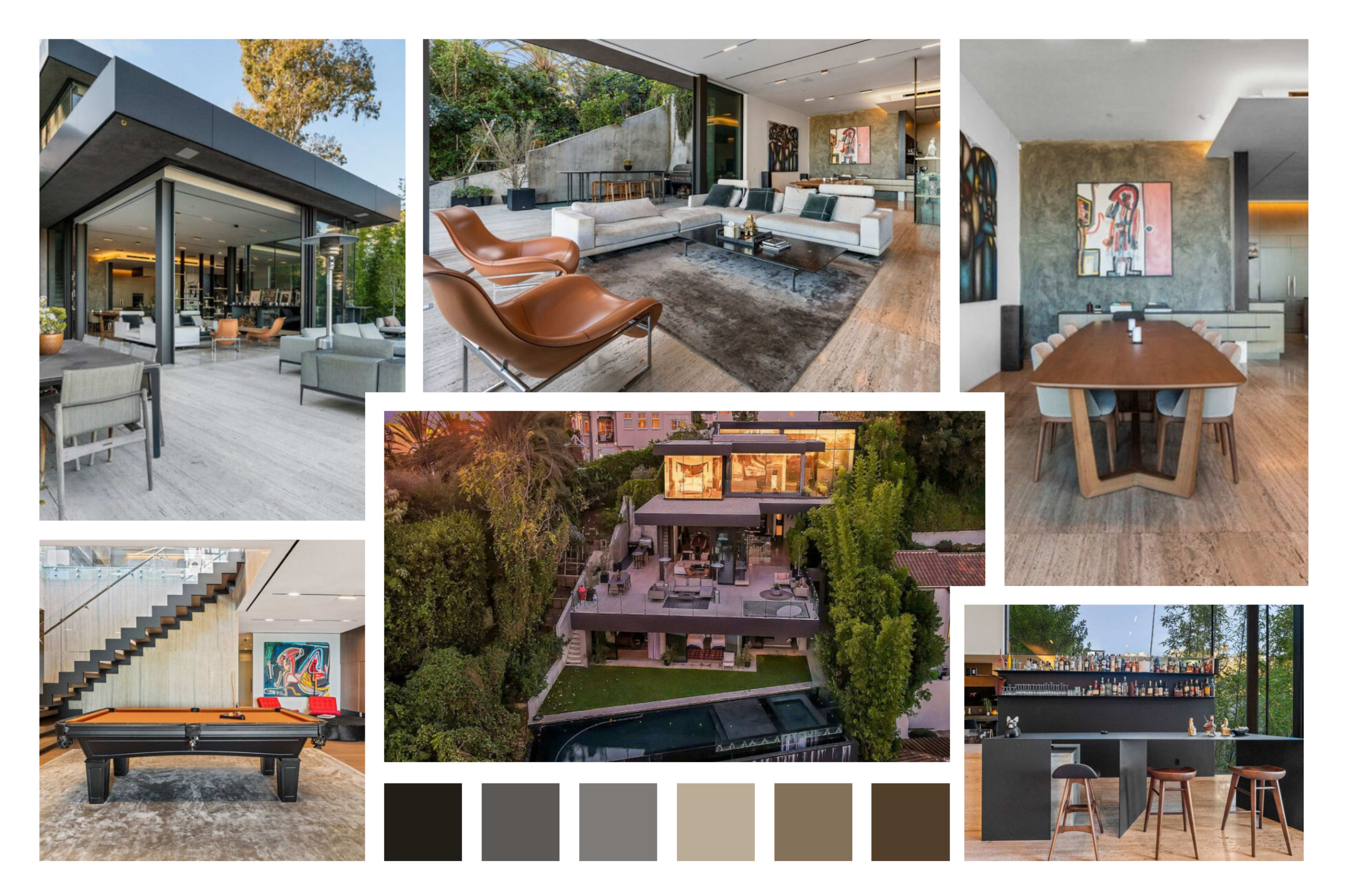 The image showcases a modern home featuring an open floor plan with luxurious living spaces, a dining area, and an outdoor terrace with a pool.