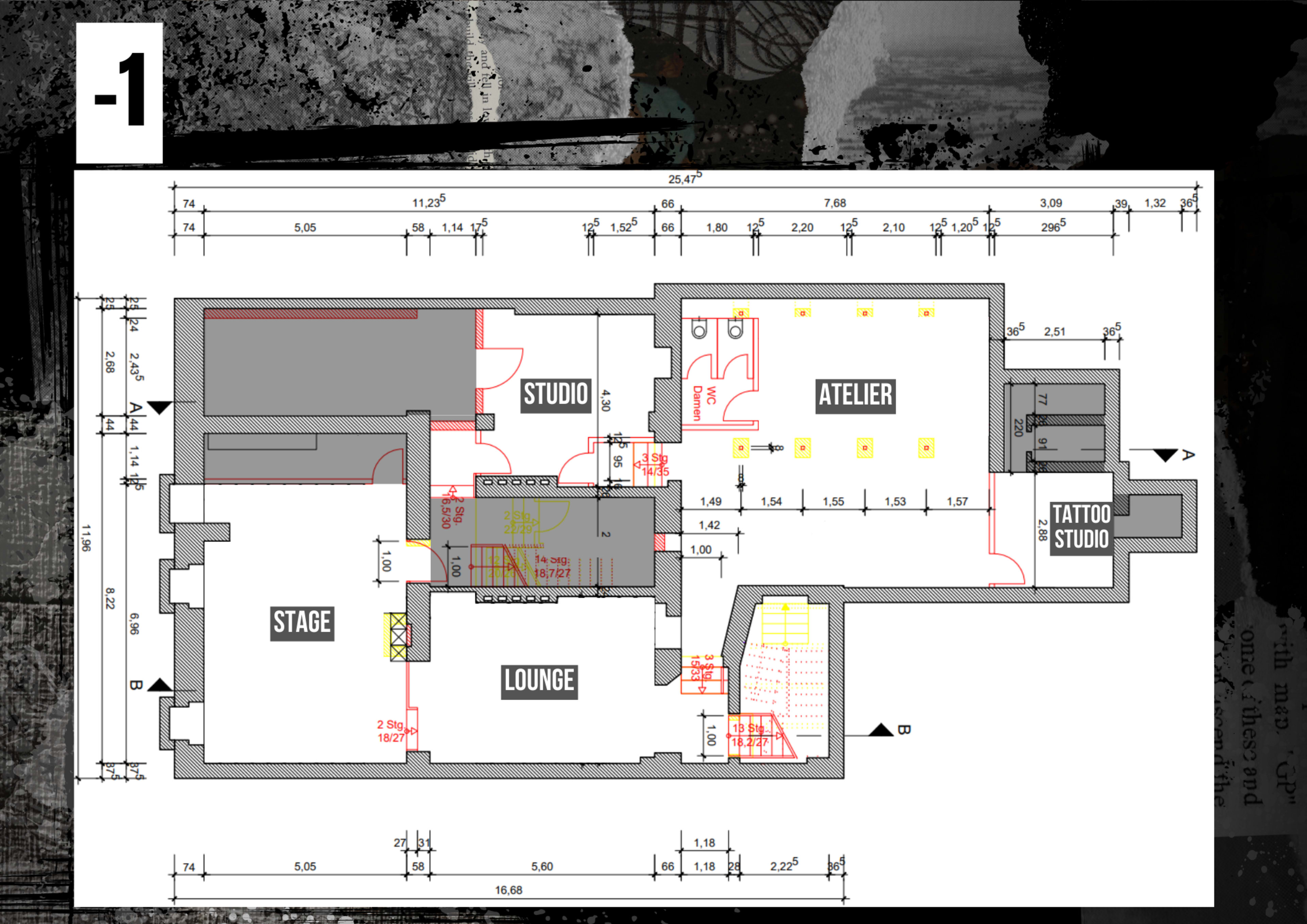 The image displays a floor plan of a building with labeled areas including a studio, atelier, stage, lounge, and tattoo studio.