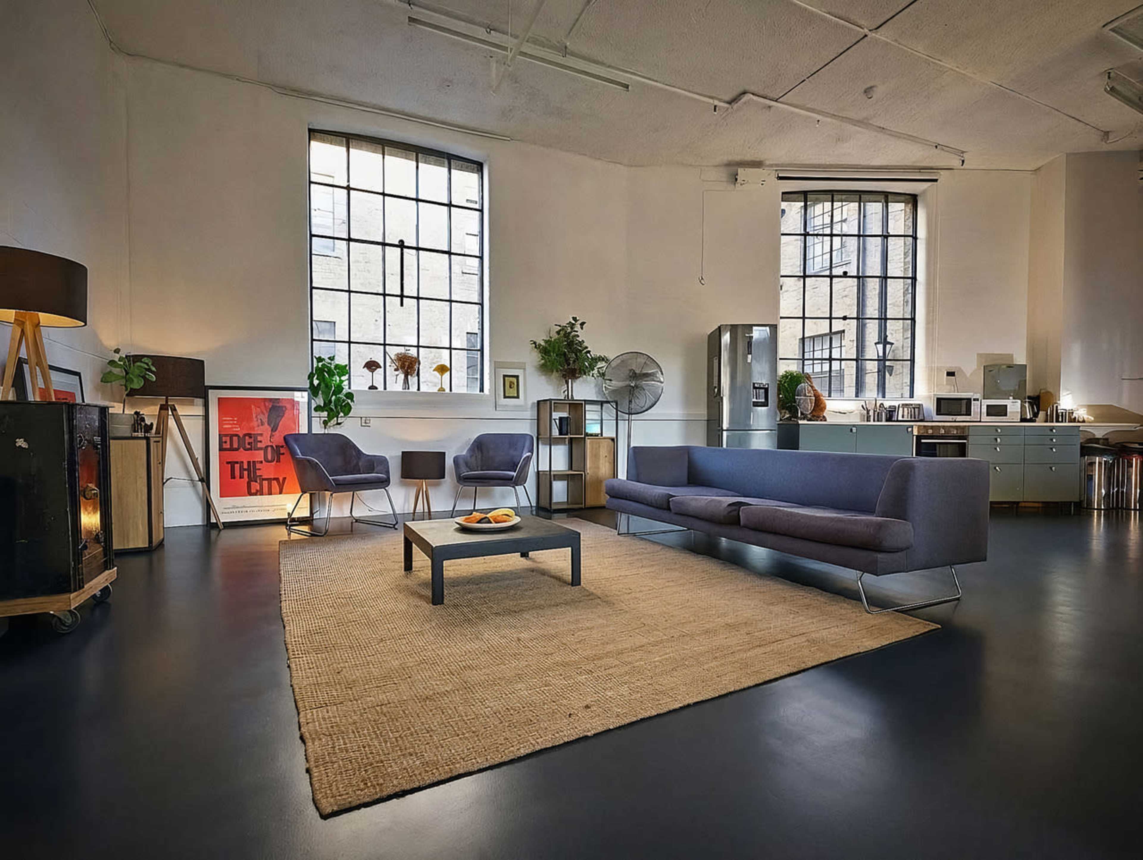 The image shows a spacious modern living room with large windows, a gray sofa, two armchairs, a coffee table, and a rug on the floor, alongside a kitchenette area in the background.