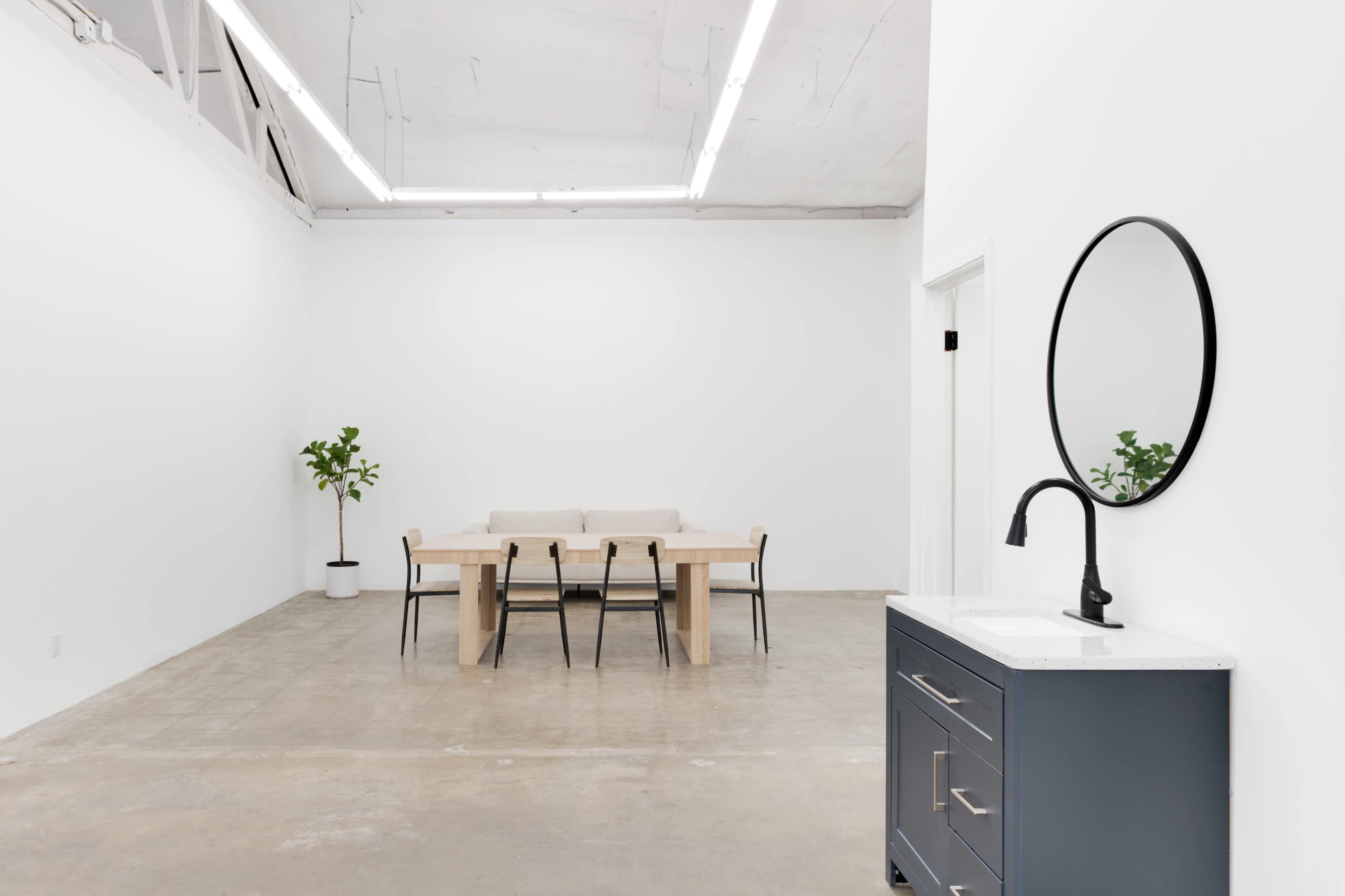A minimalist interior with a wooden dining table and chairs, a potted plant, and a small dark cabinet with a sink.