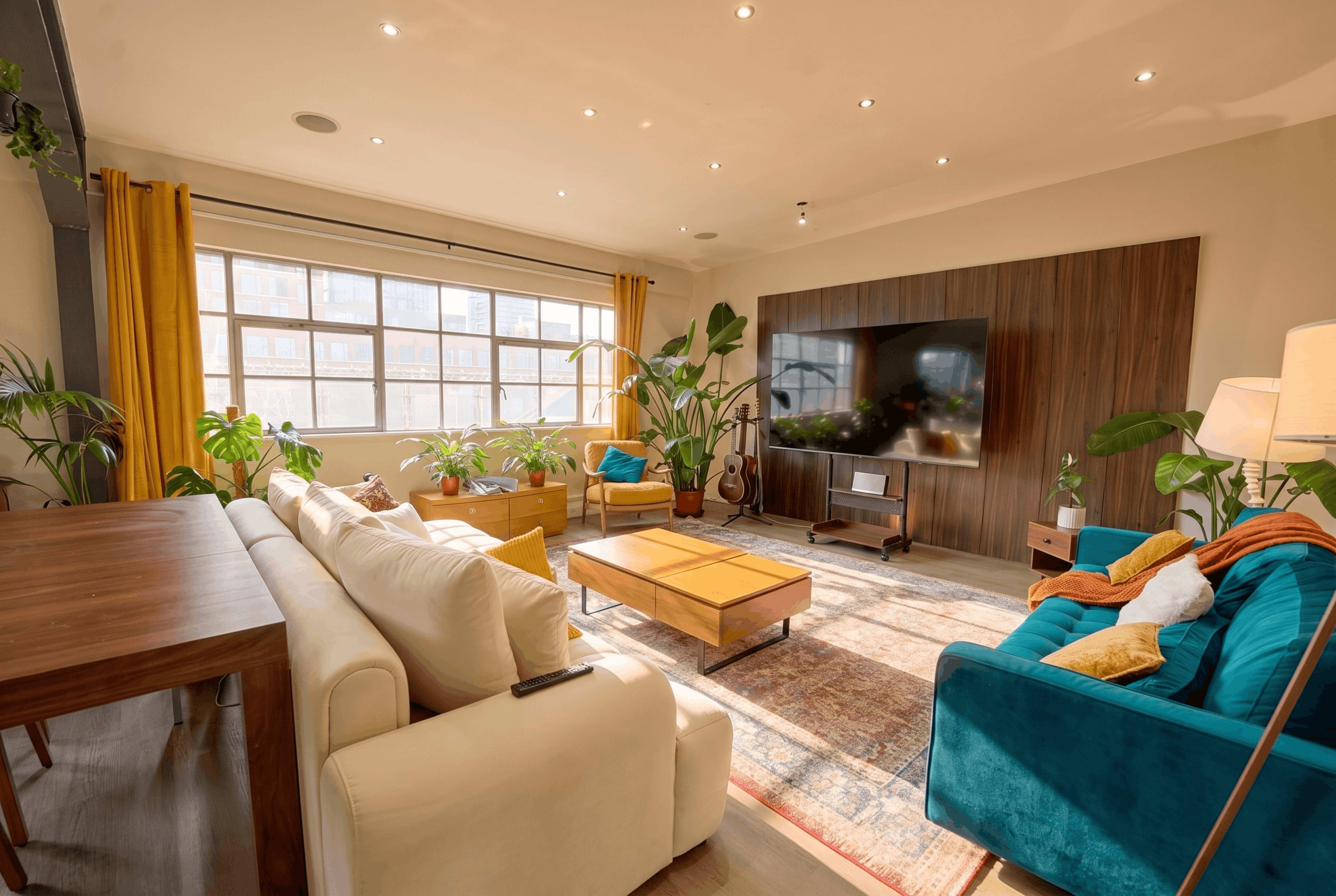 A well-lit living room features a mix of modern furniture, large windows, potted plants, and a wall-mounted television.