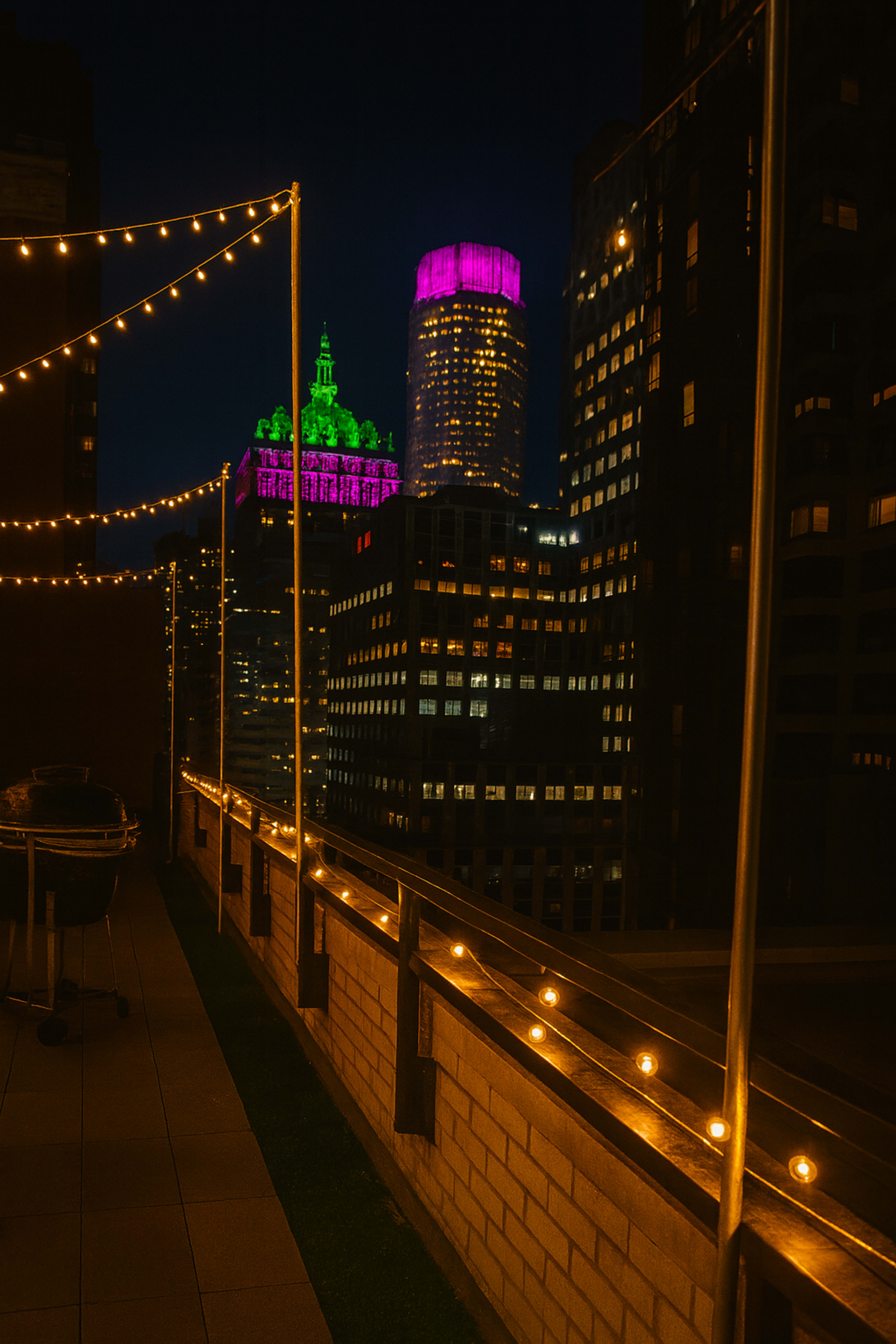 The image shows a city skyline at night with illuminated buildings and string lights along a rooftop terrace.