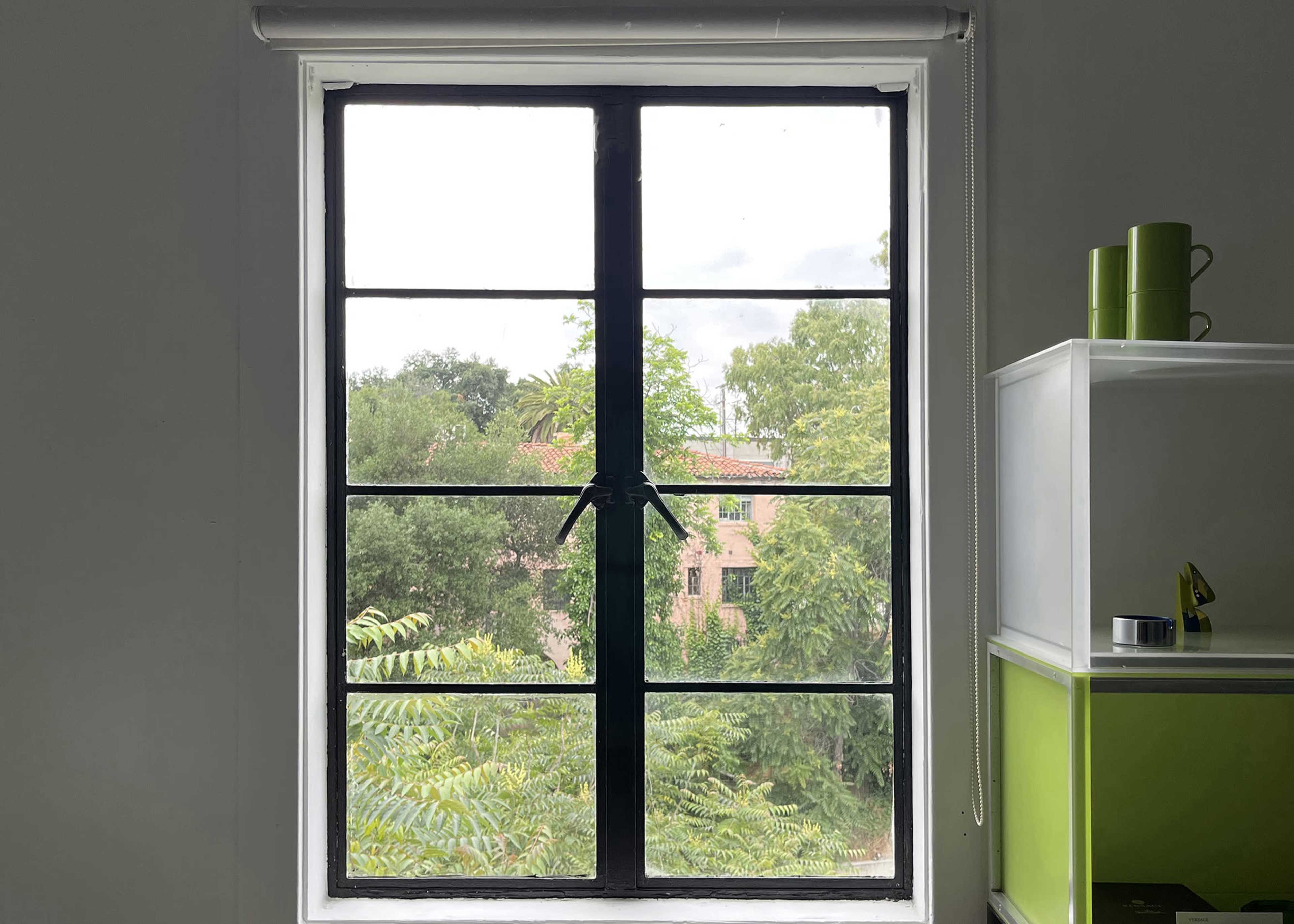 The image shows a black-framed window with a view of green trees and a pink building.