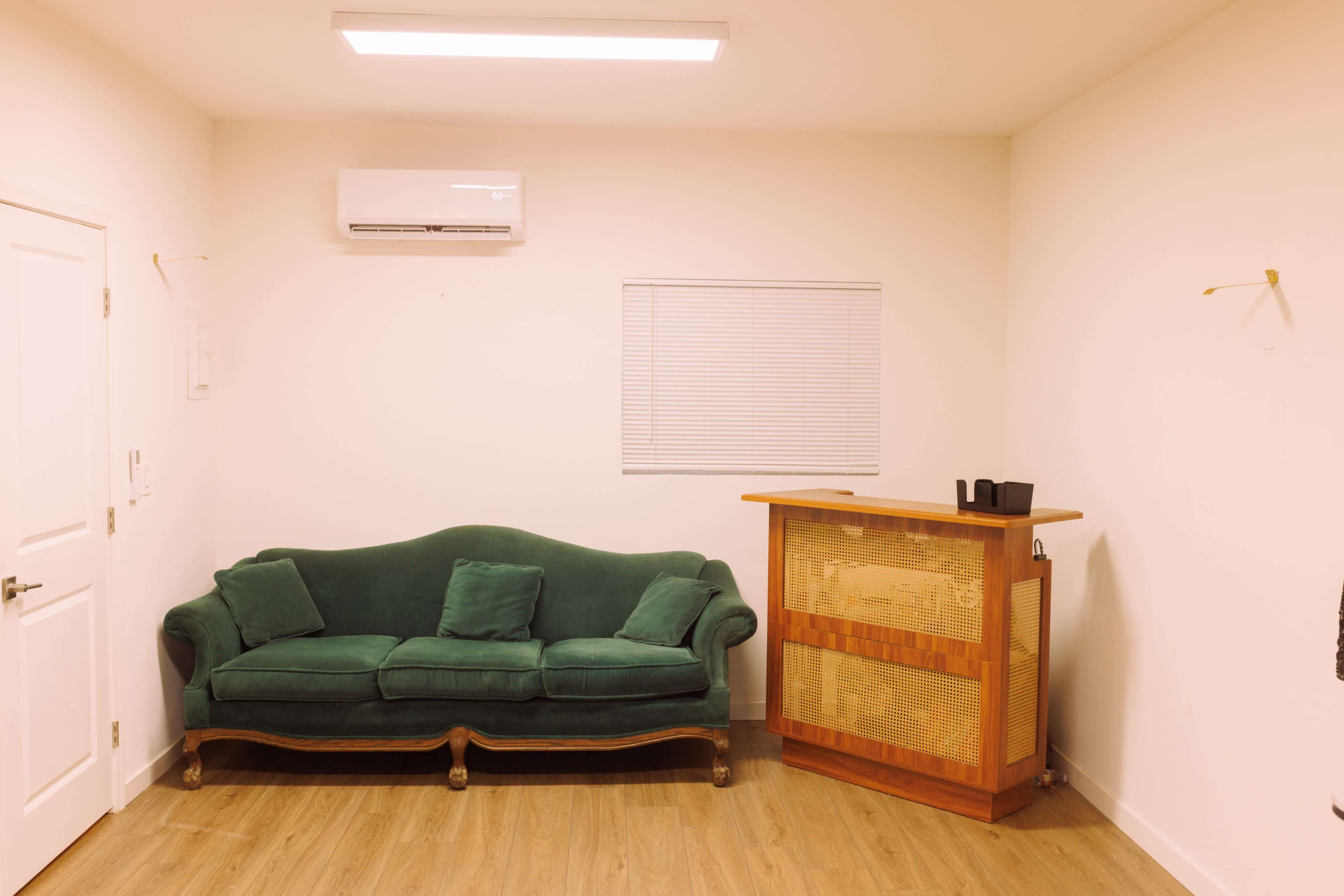 The image shows a minimalistic room featuring a green couch with two cushions and a wooden counter with a black container on top.