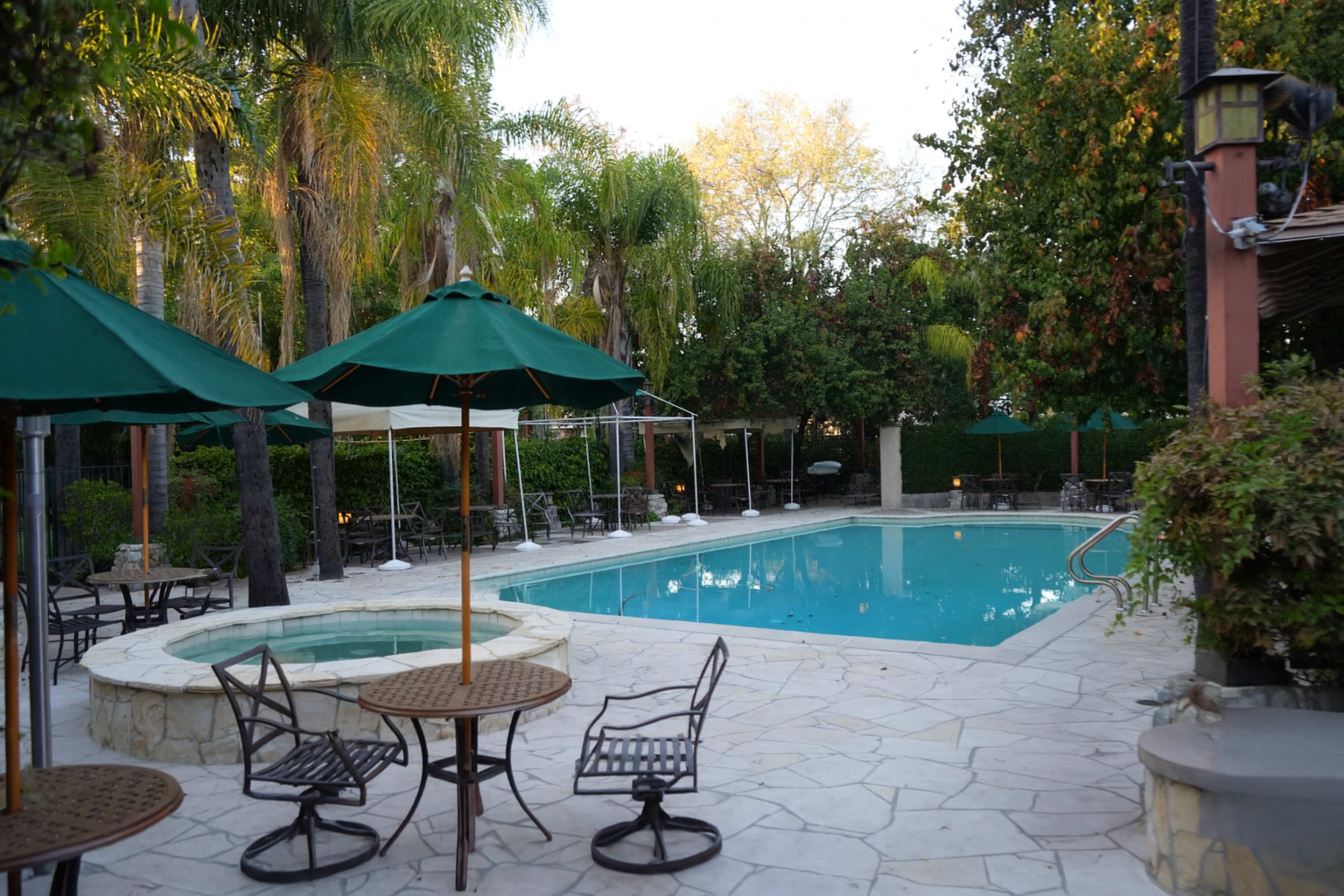 The image shows a swimming pool area surrounded by palm trees and patio furniture, including tables and chairs with umbrellas.