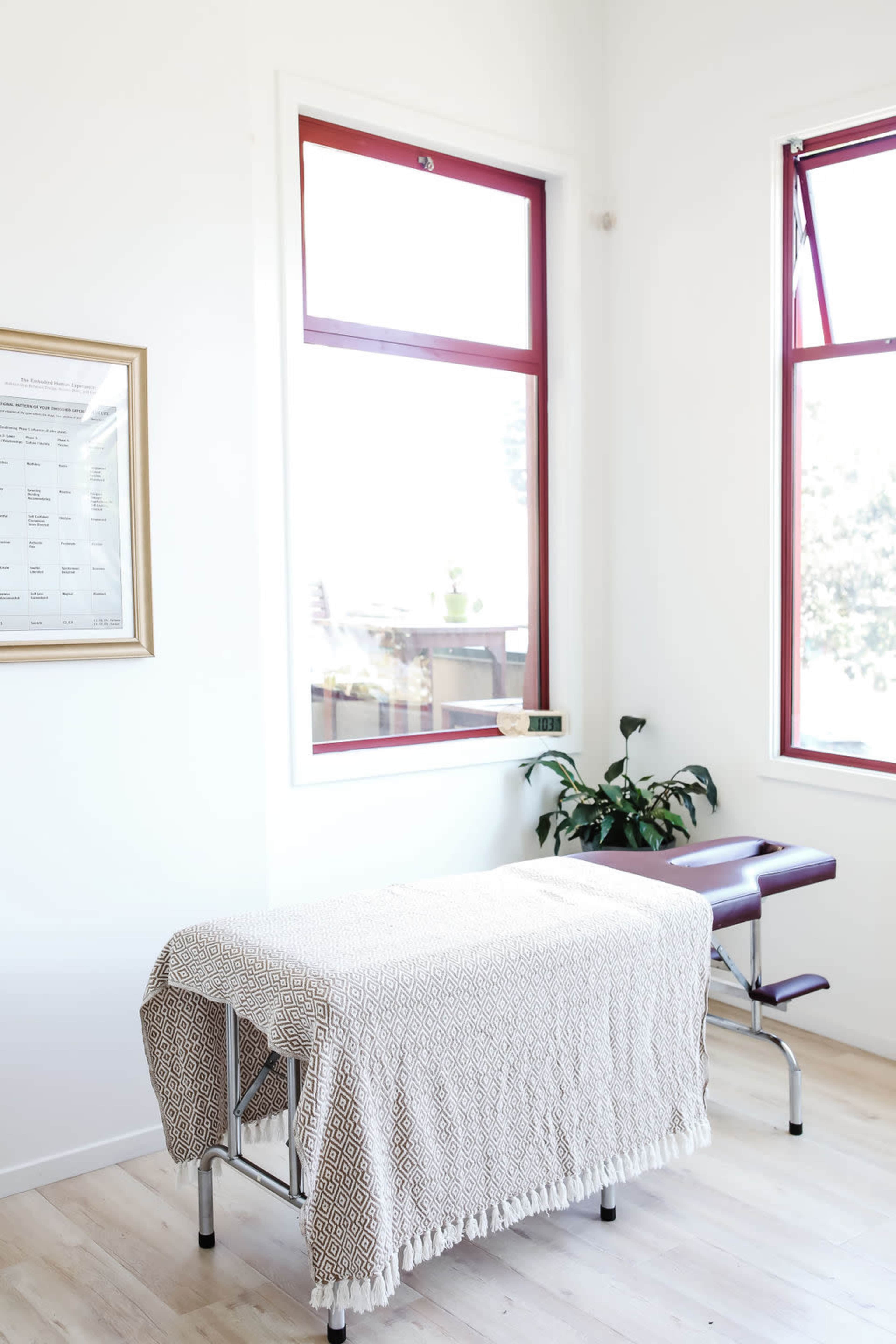 A treatment room features a massage table covered with a patterned blanket, flanked by large windows and a potted plant.