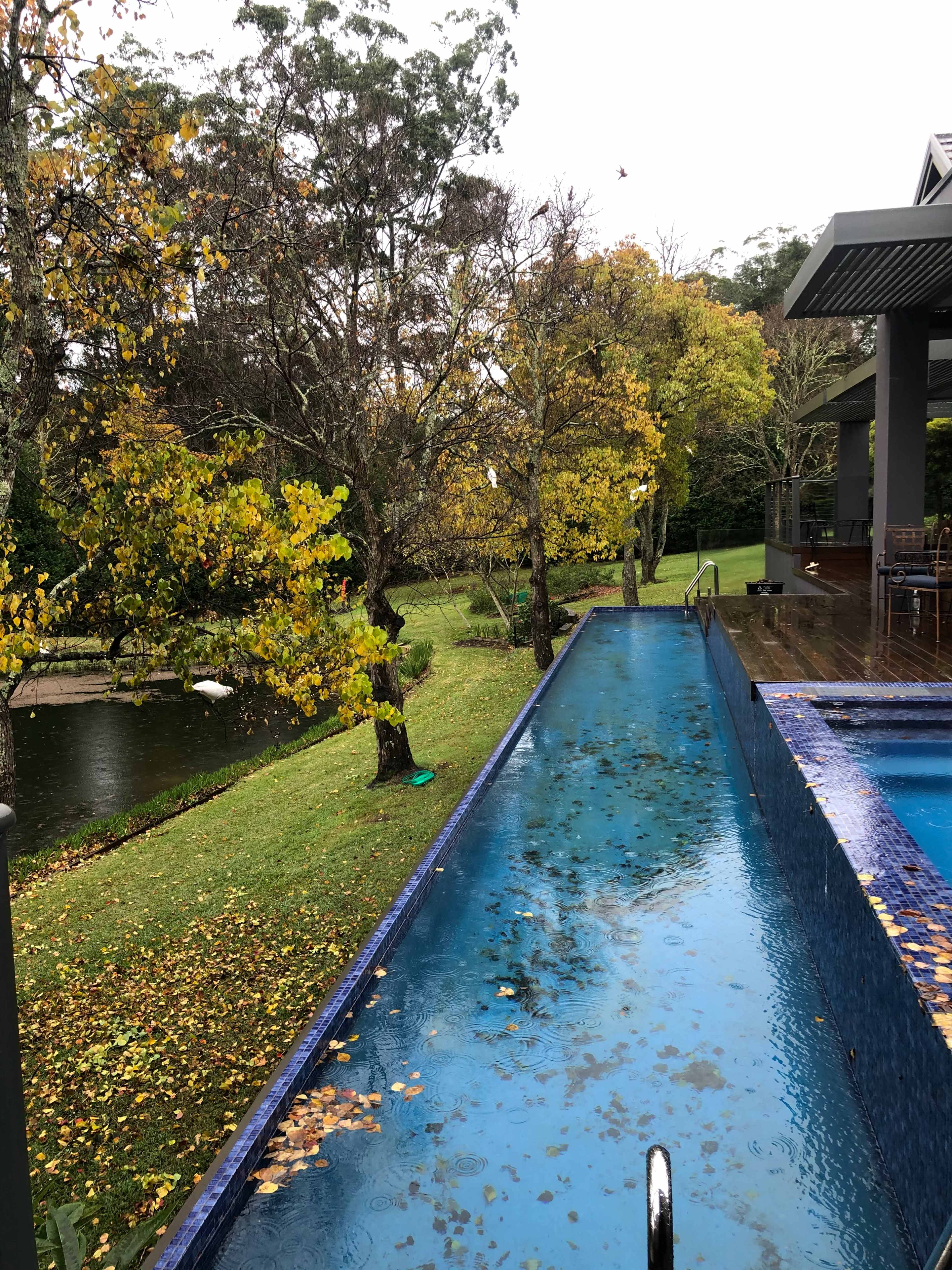 The image shows a long, narrow swimming pool beside a landscaped yard with trees and a waterway in the background.