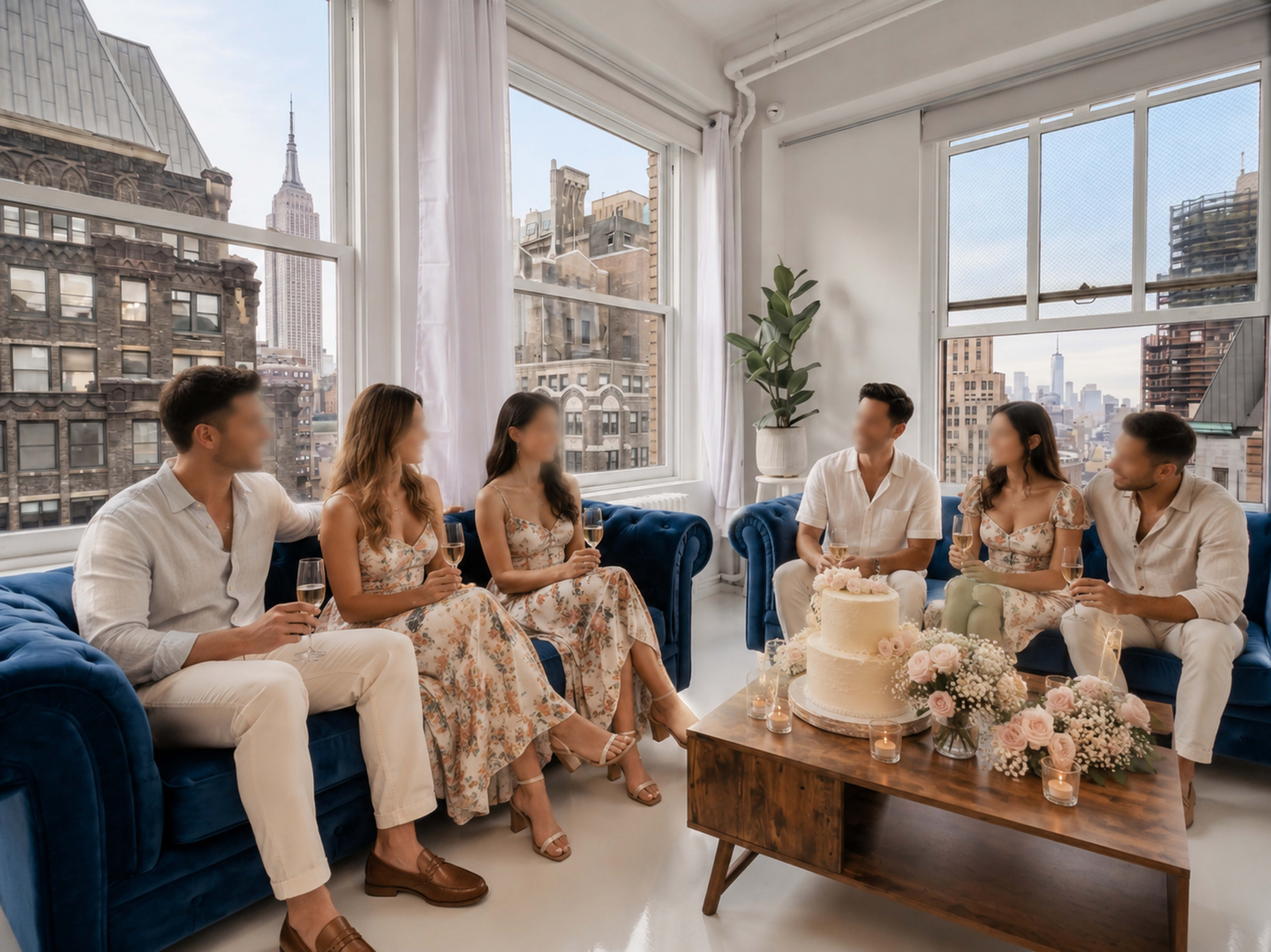 A group of five people sits in a well-lit room with large windows that offer a view of the Empire State Building, a table in front of them featuring a cake and decorative candles.