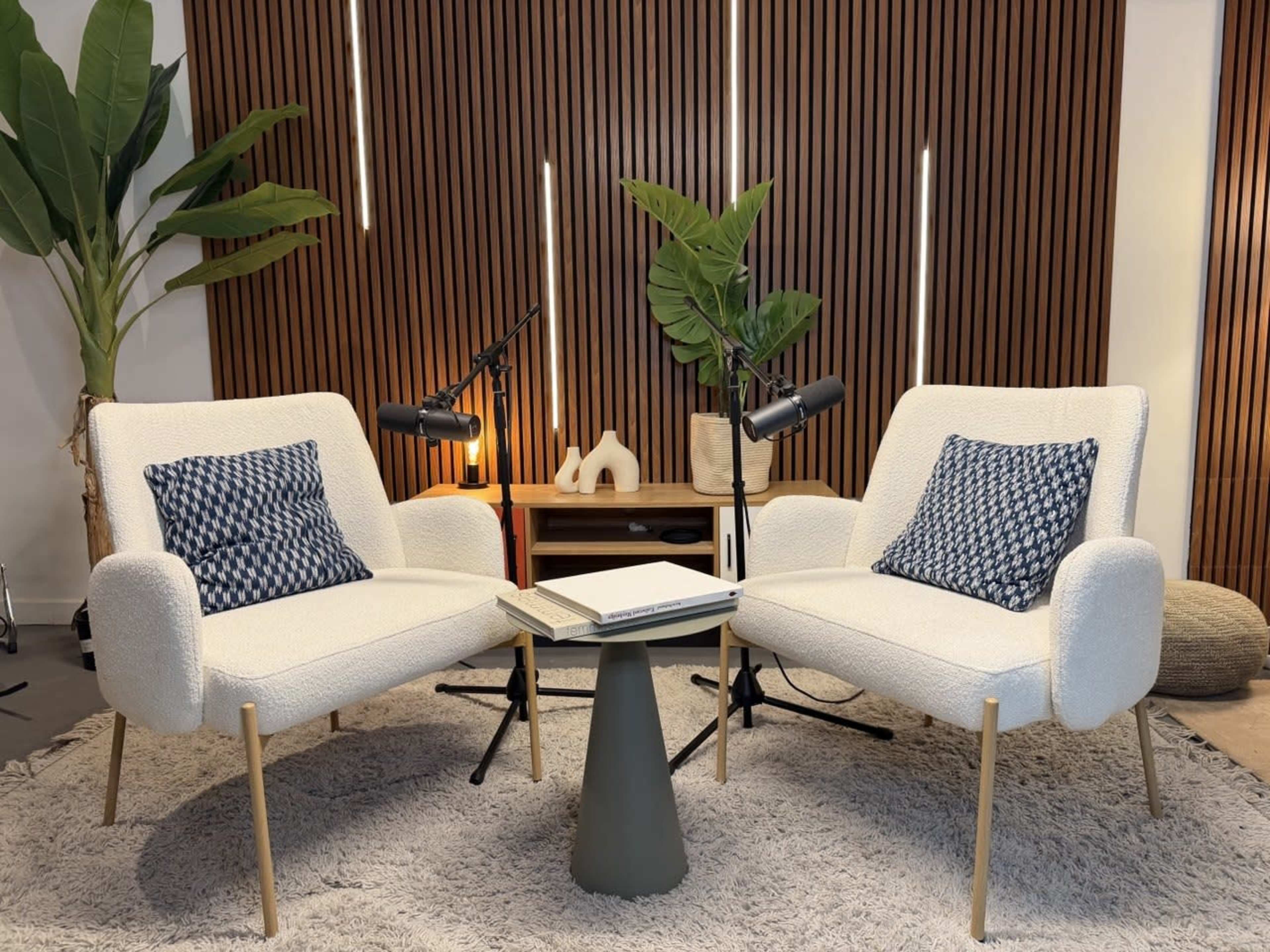 The image shows a cozy seating area with two modern chairs, a small table, and potted plants, set against a wooden slatted backdrop.