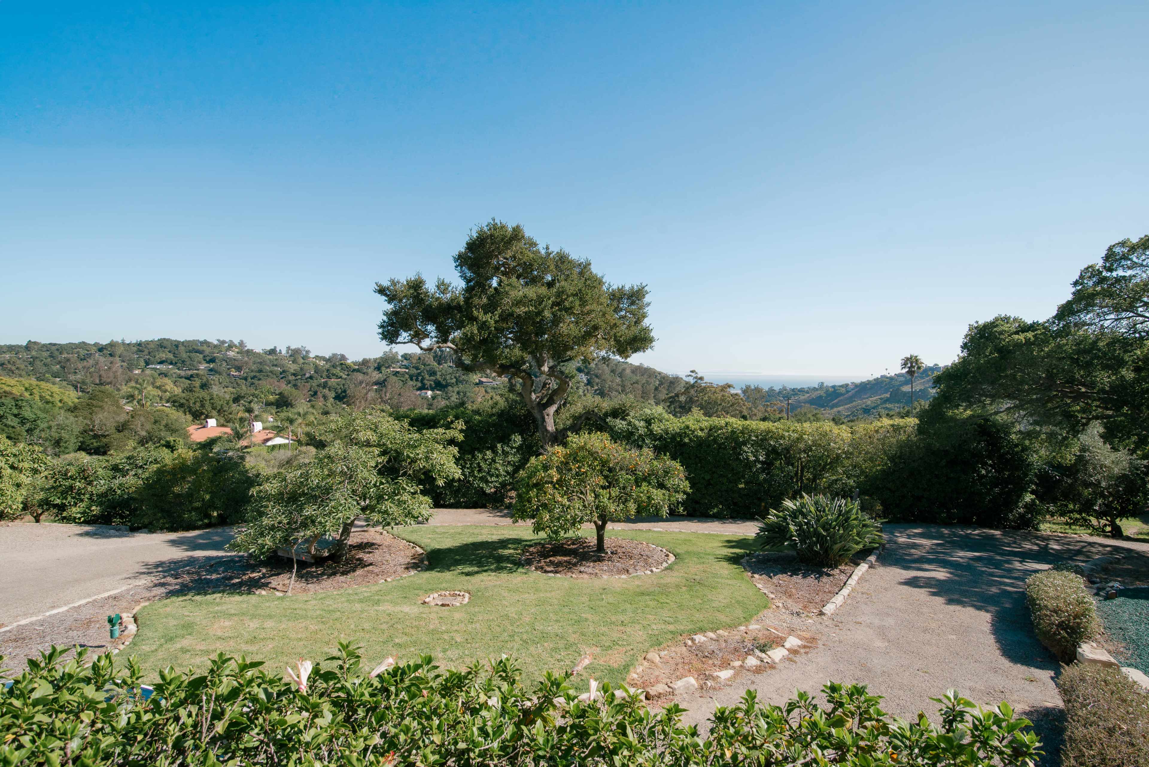 The image shows a landscaped garden with various plants and trees, set against a backdrop of rolling hills and a clear blue sky.