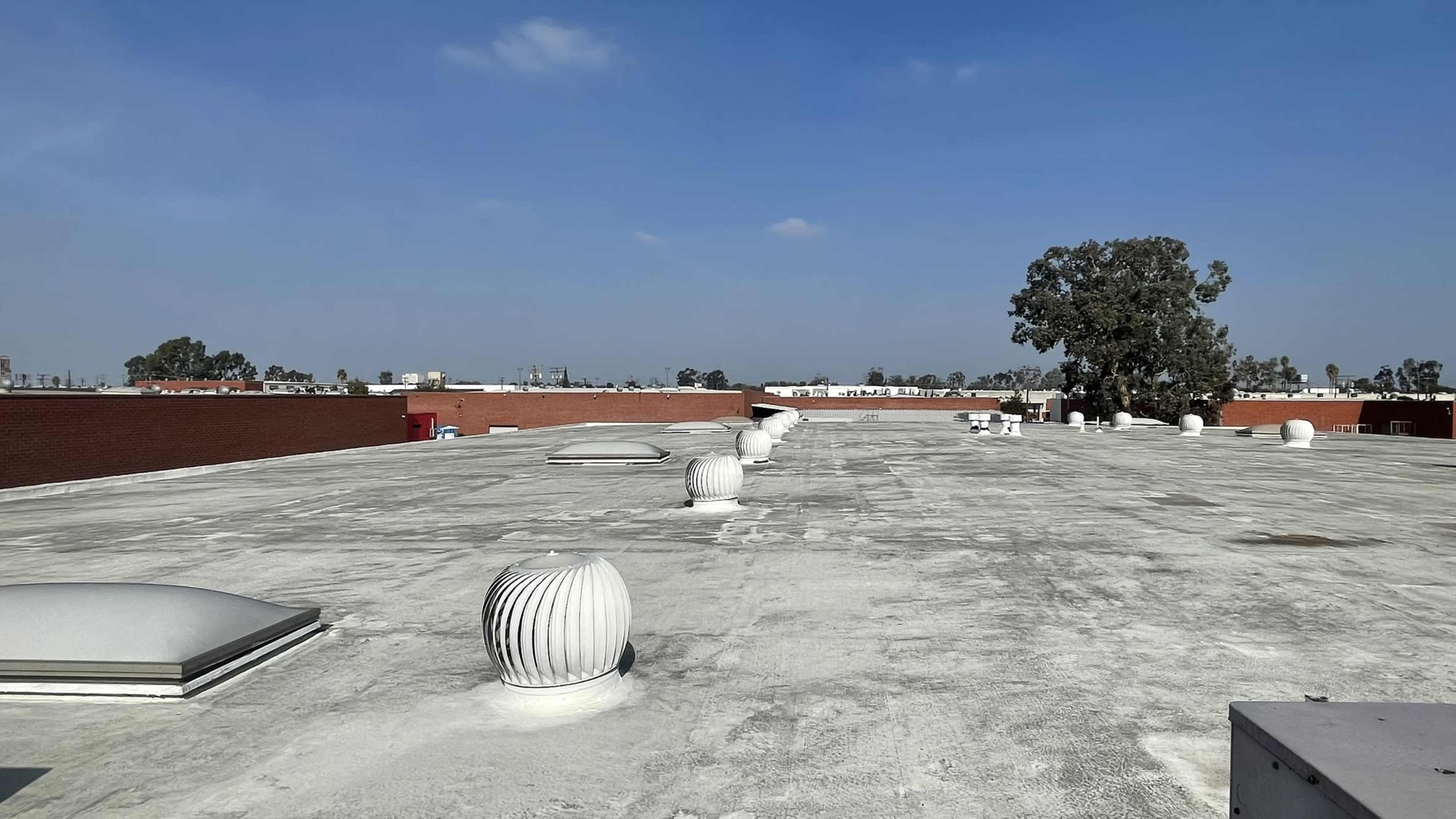 A flat commercial rooftop features several vent pipes and skylights, with a clear blue sky in the background.