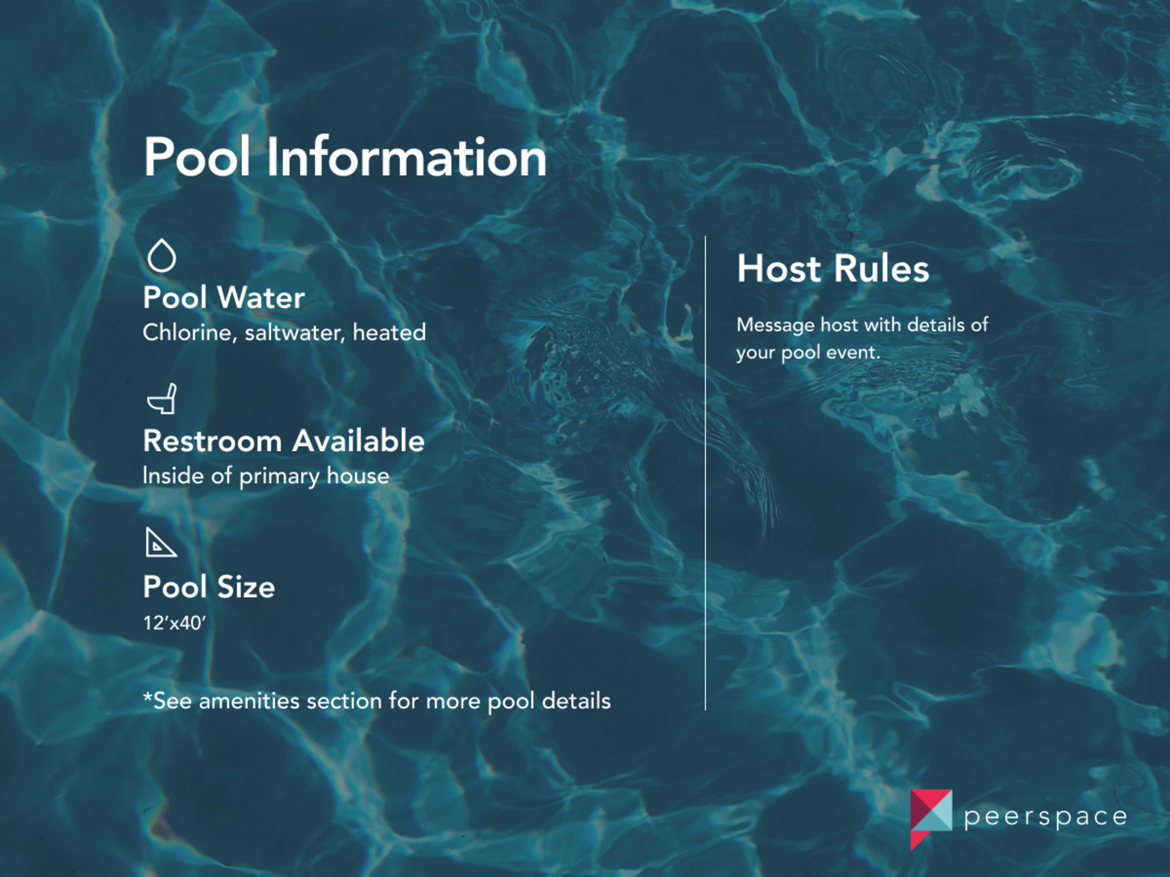 The image displays a graphic with information about a swimming pool, including details about water type, restroom availability, pool size, and host rules.