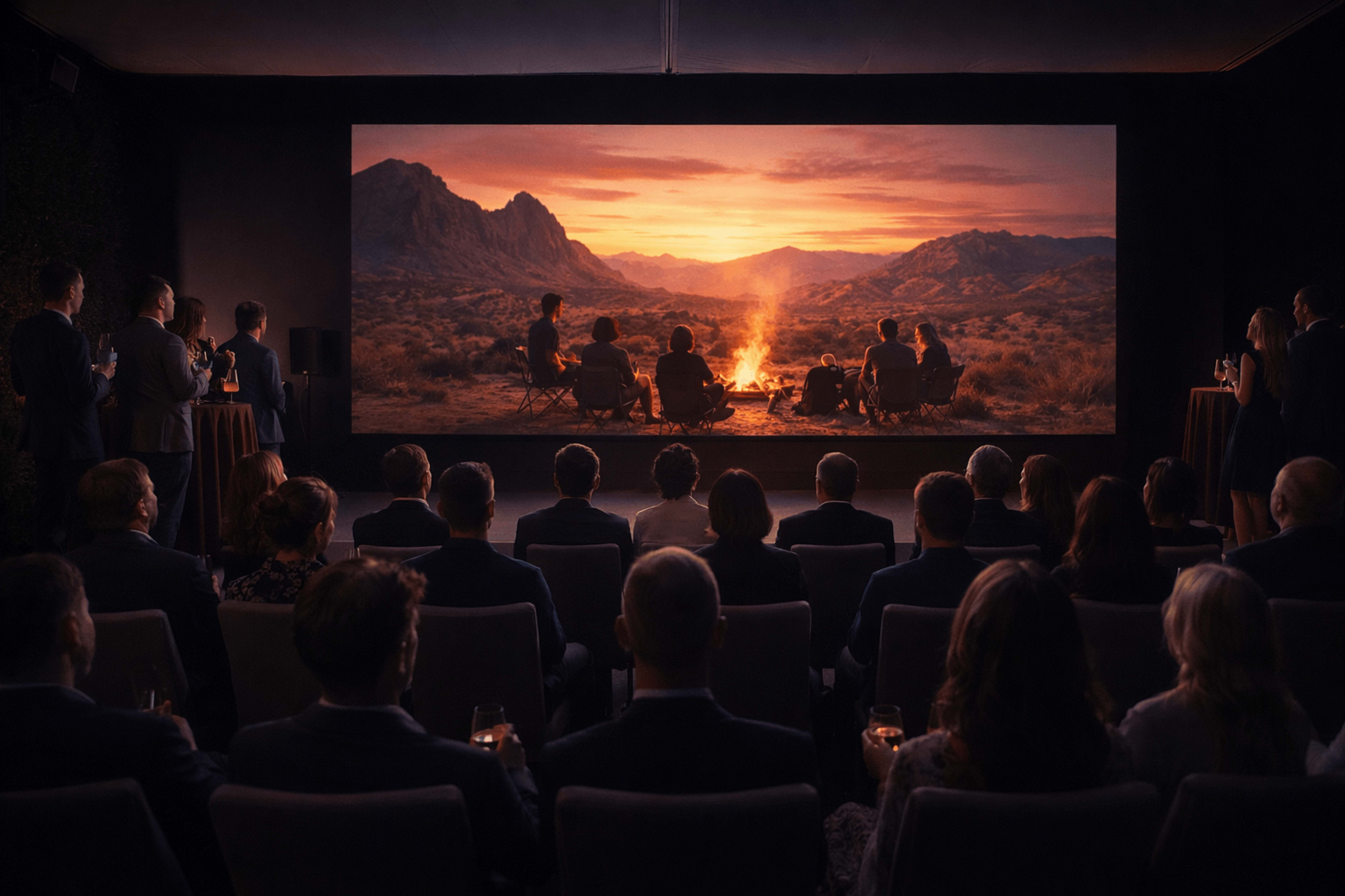 A group of elegantly dressed individuals watches a large screen displaying a sunset scene over a desert landscape during a gathering.