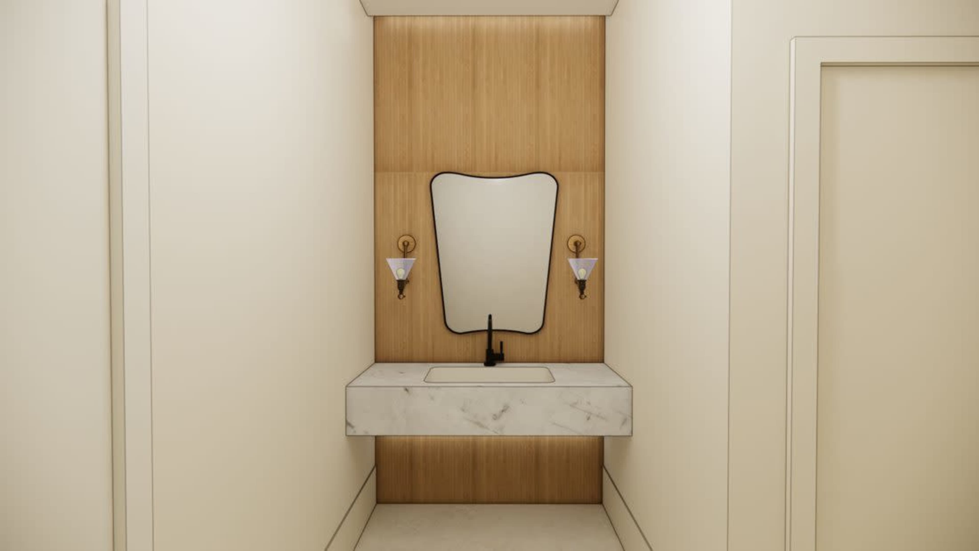 The image shows a modern bathroom with a wooden accent wall, a marble sink countertop, and a uniquely shaped mirror above the faucet.
